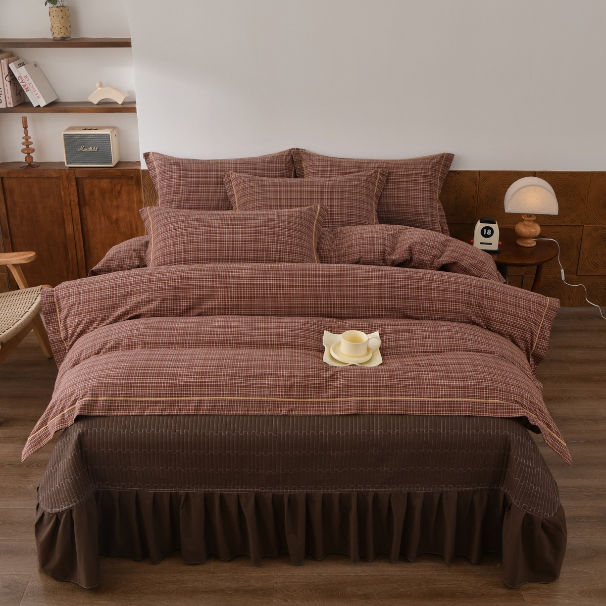 91家纺网 家纺一手货源 找家纺 金艾草 2026春夏新款全棉纯棉色织水洗棉床盖四件套 沉香-橘红