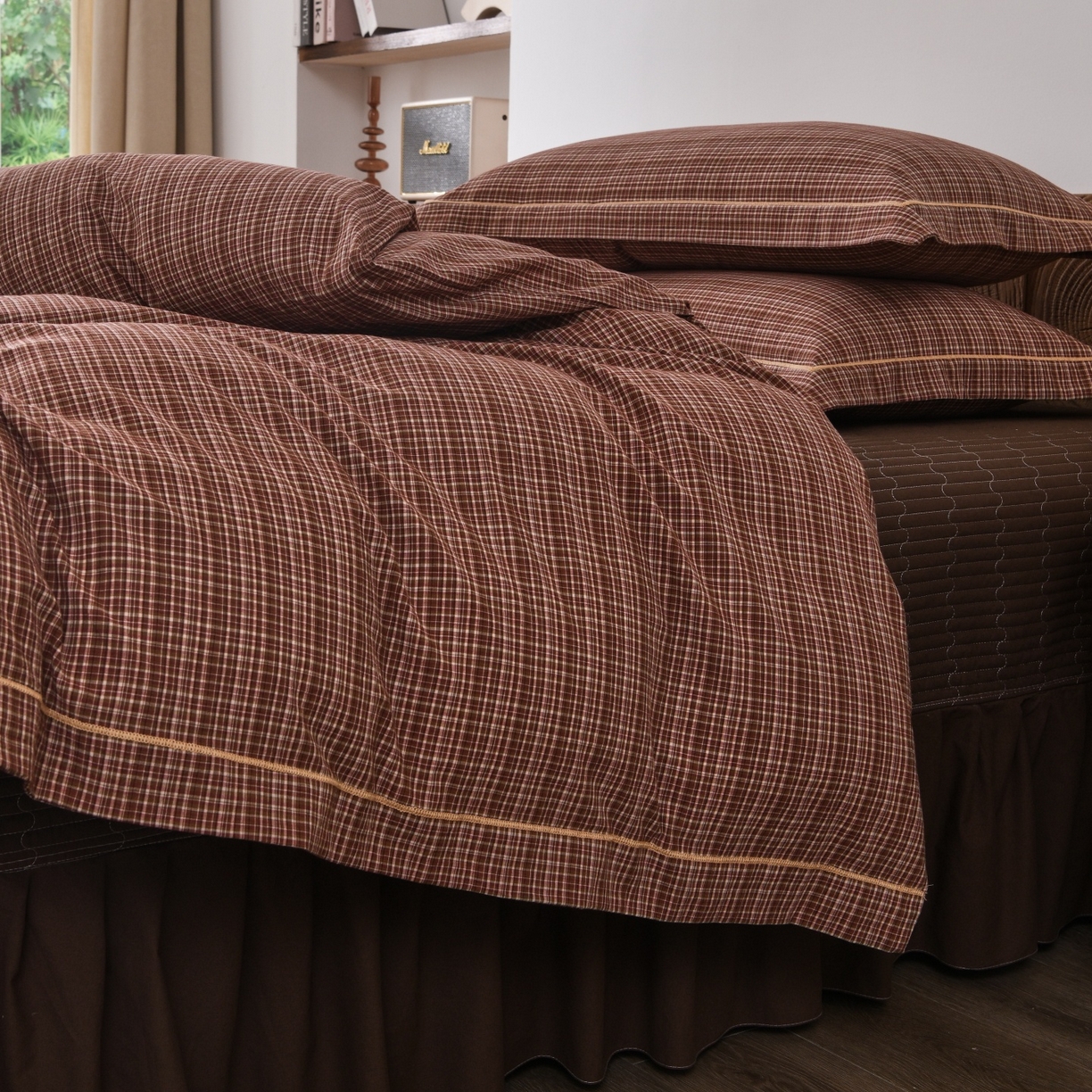 91家纺网 家纺一手货源 找家纺 金艾草 2026春夏新款全棉纯棉色织水洗棉床盖四件套 沉香-橘红