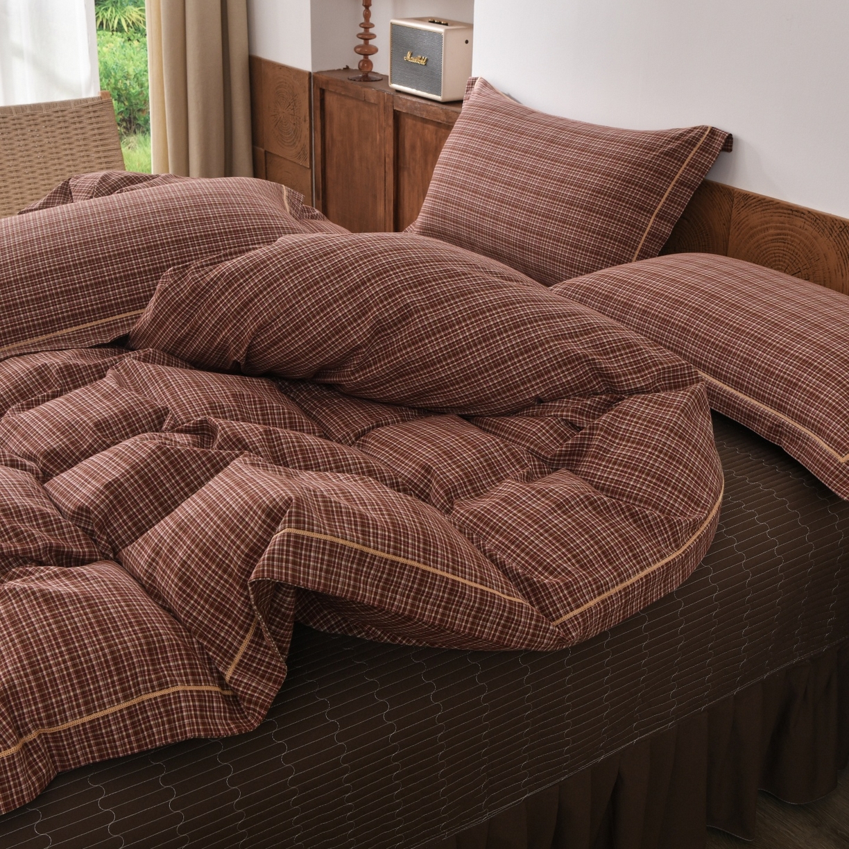 91家纺网 家纺一手货源 找家纺 金艾草 2026春夏新款全棉纯棉色织水洗棉床盖四件套 沉香-橘红