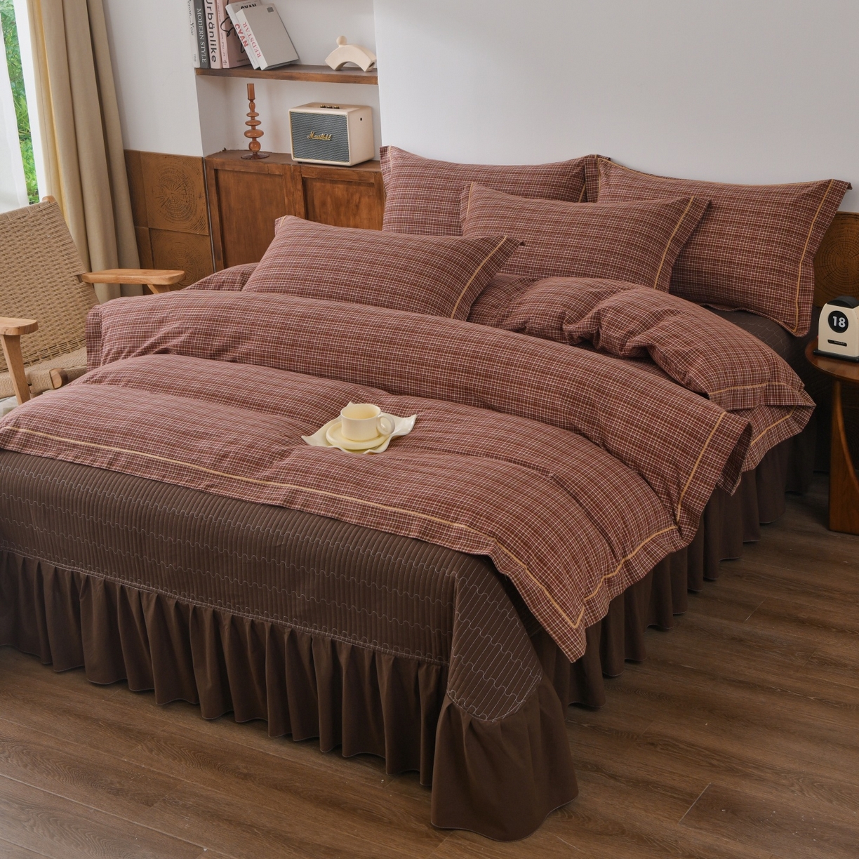 91家纺网 家纺一手货源 找家纺 金艾草 2026春夏新款全棉纯棉色织水洗棉床盖四件套 沉香-橘红