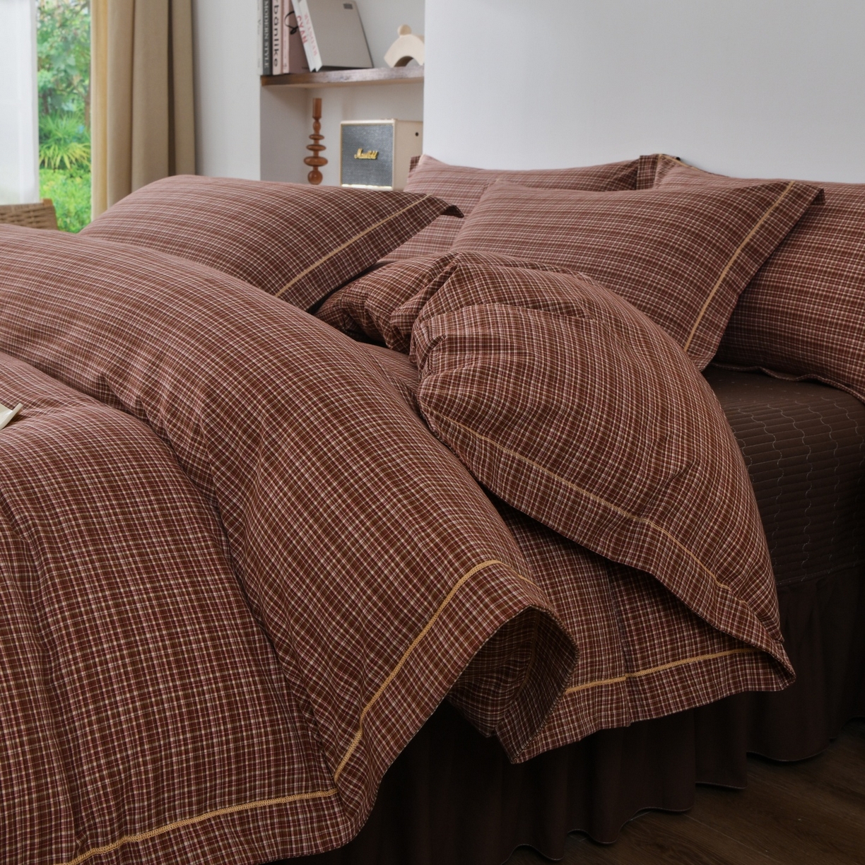 91家纺网 家纺一手货源 找家纺 金艾草 2026春夏新款全棉纯棉色织水洗棉床盖四件套 沉香-橘红