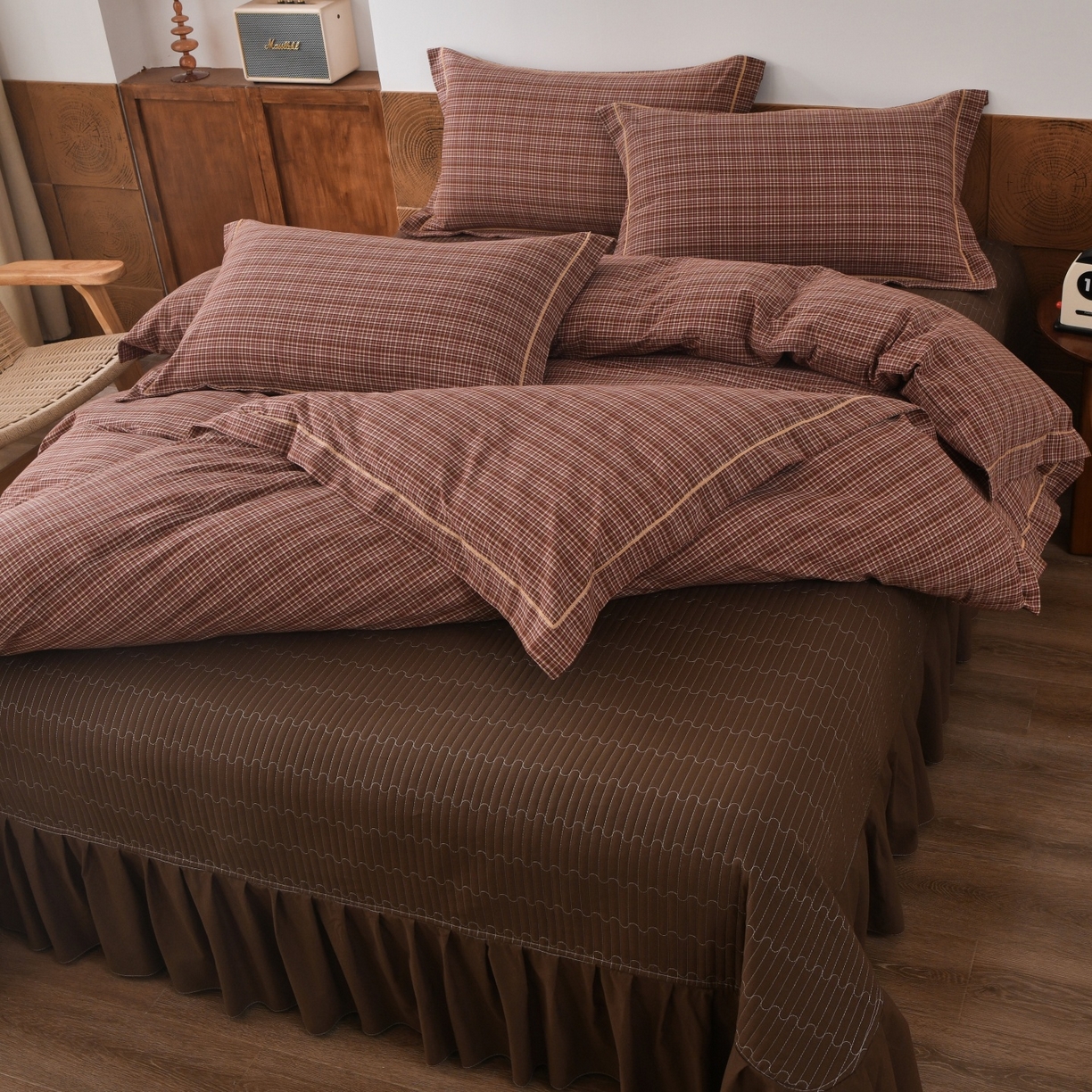 91家纺网 家纺一手货源 找家纺 金艾草 2026春夏新款全棉纯棉色织水洗棉床盖四件套 沉香-橘红