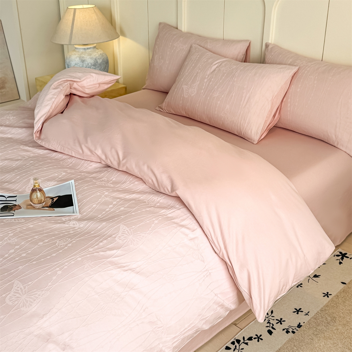 91家纺网 家纺一手货源 找家纺 灰鲸 2026新款全棉纯棉厚织贡缎大提花四件套 如梦-蜜春粉