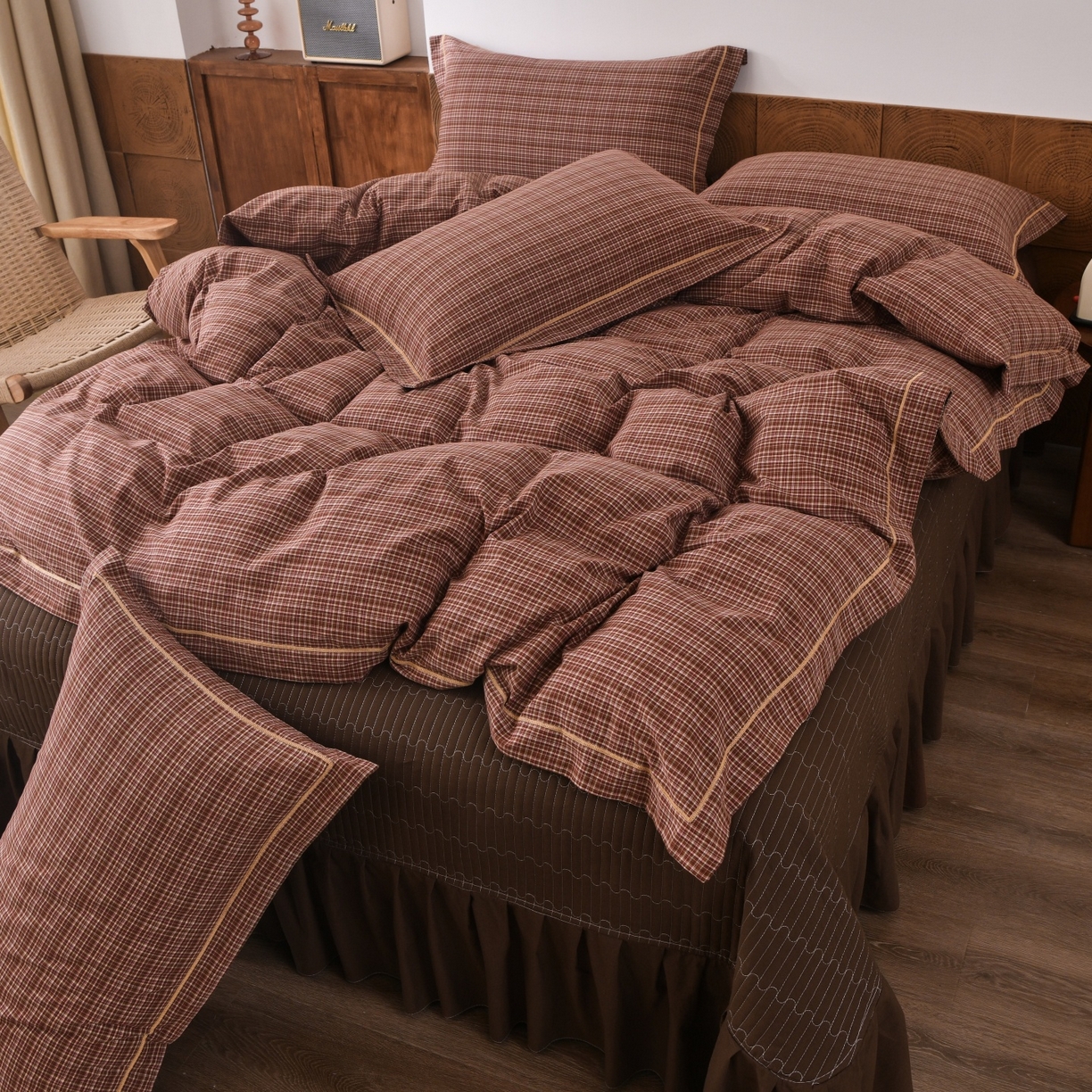 91家纺网 家纺一手货源 找家纺 金艾草 2026春夏新款全棉纯棉色织水洗棉床盖四件套 沉香-橘红