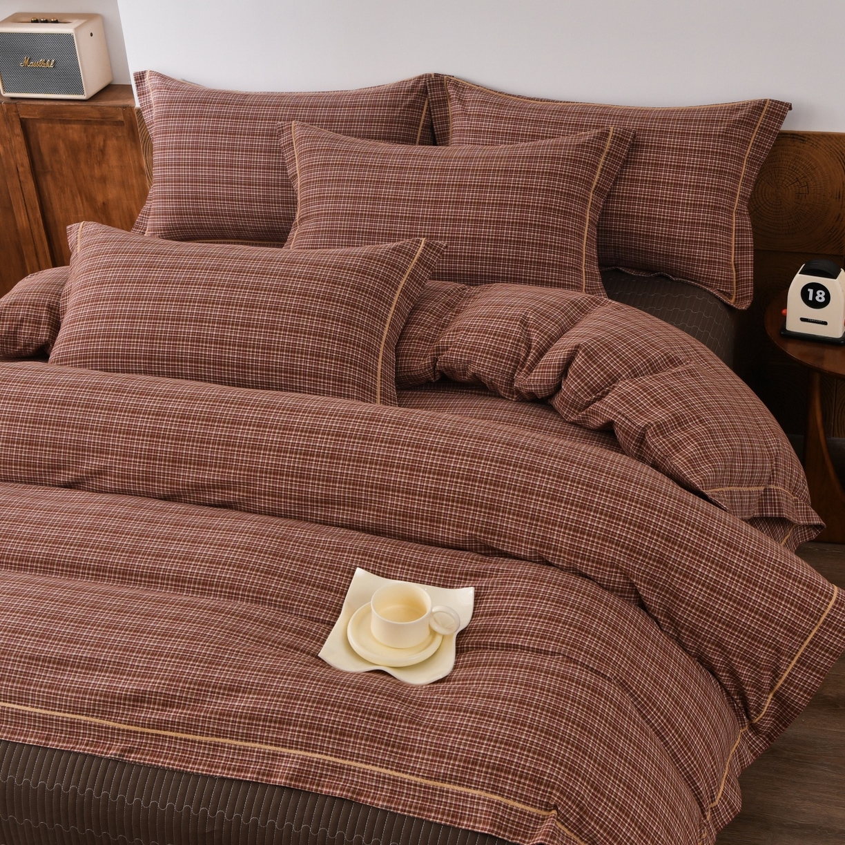 91家纺网 家纺一手货源 找家纺 金艾草 2026春夏新款全棉纯棉色织水洗棉床盖四件套 沉香-橘红