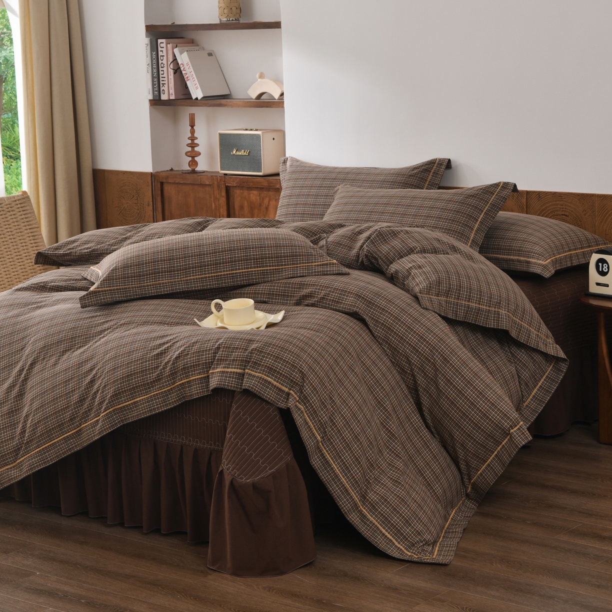 金艾草 2026春夏新款全棉纯棉色织水洗棉床盖四件套 沉香-咖色