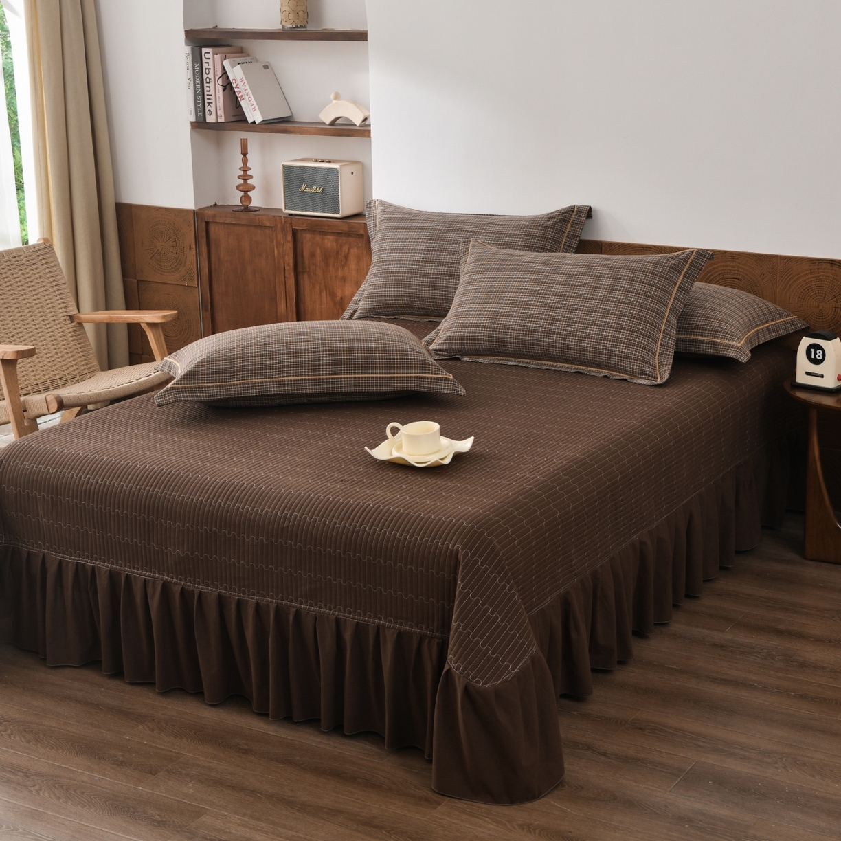 91家纺网 家纺一手货源 找家纺 金艾草 2026春夏新款全棉纯棉色织水洗棉床盖四件套 沉香-咖色