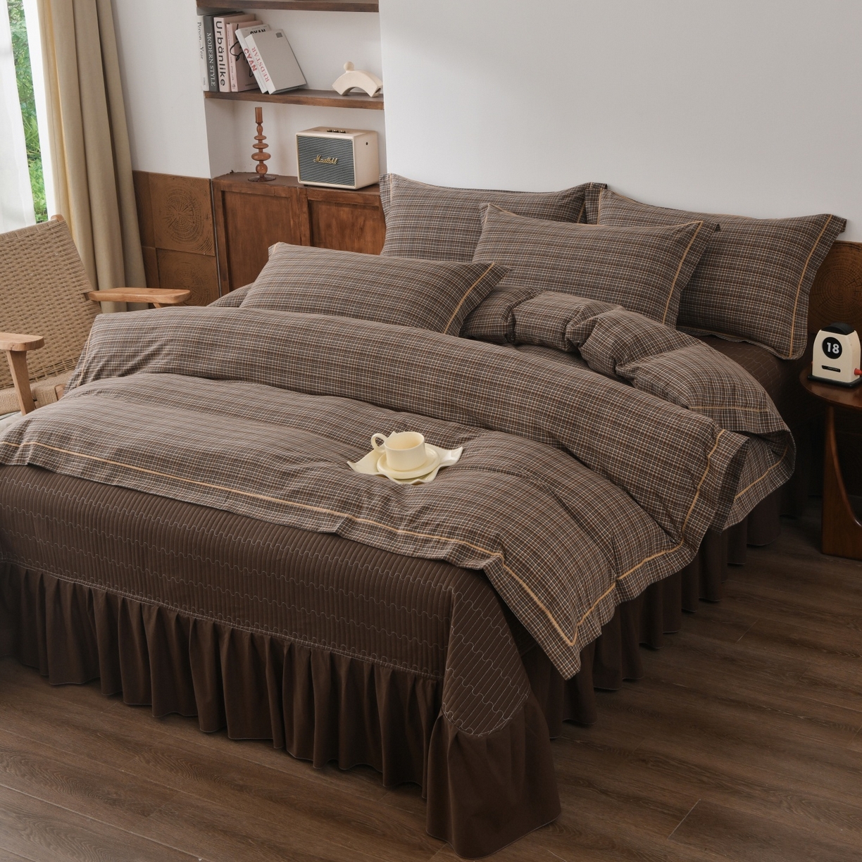 91家纺网 家纺一手货源 找家纺 金艾草 2026春夏新款全棉纯棉色织水洗棉床盖四件套 沉香-咖色