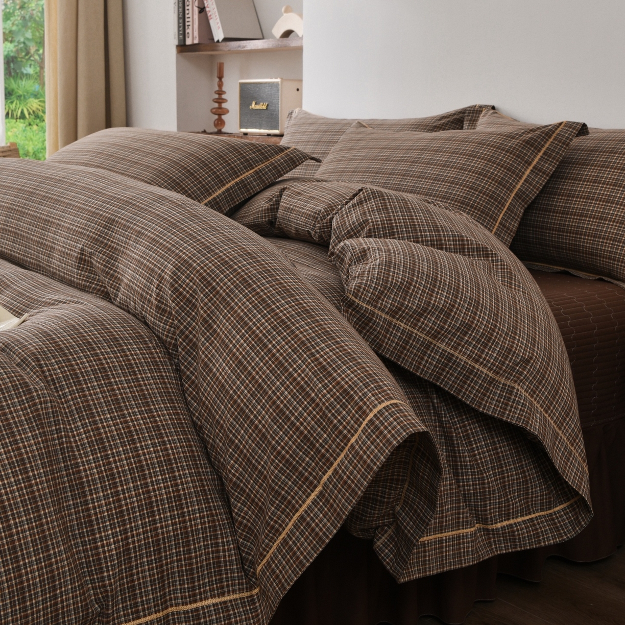 91家纺网 家纺一手货源 找家纺 金艾草 2026春夏新款全棉纯棉色织水洗棉床盖四件套 沉香-咖色