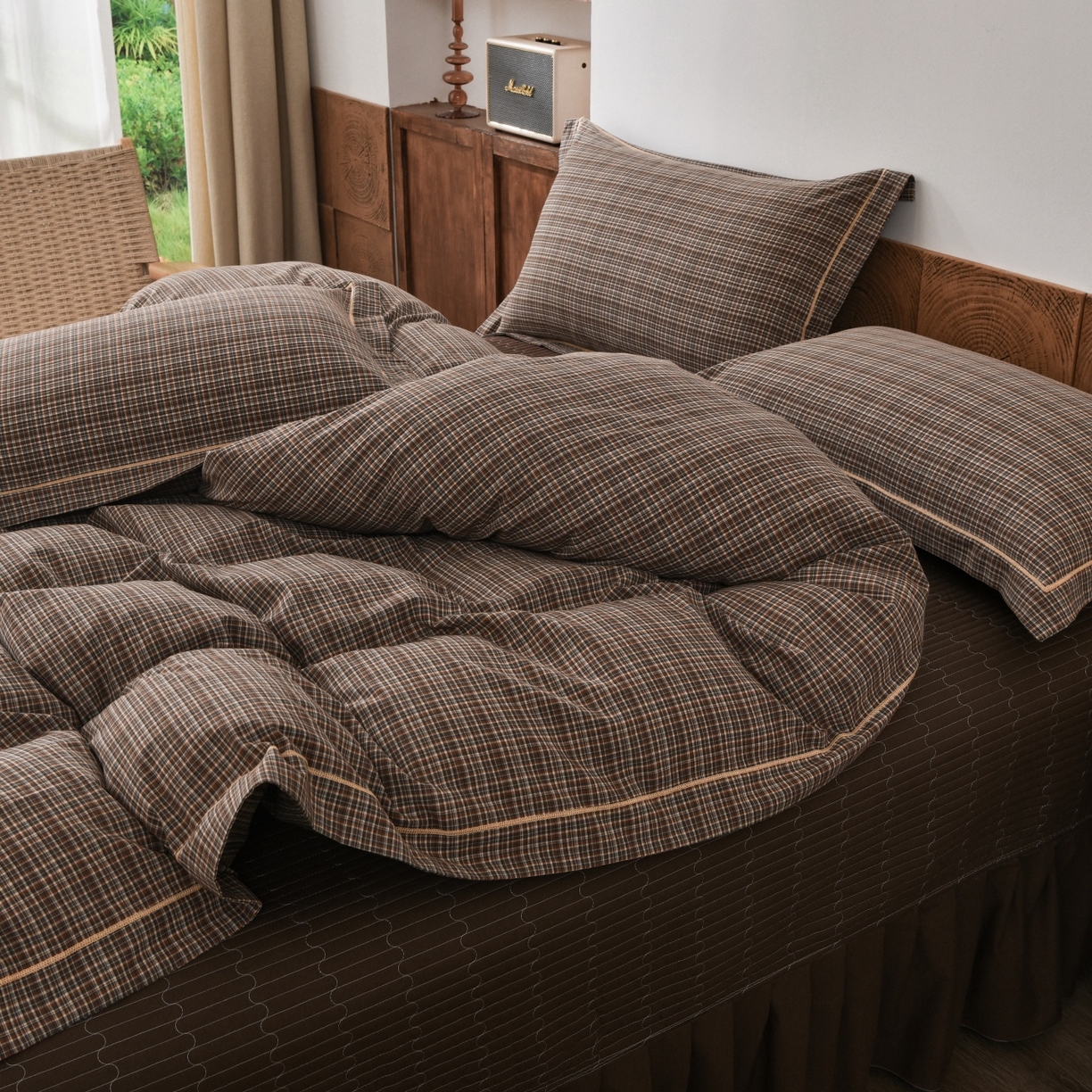 91家纺网 家纺一手货源 找家纺 金艾草 2026春夏新款全棉纯棉色织水洗棉床盖四件套 沉香-咖色