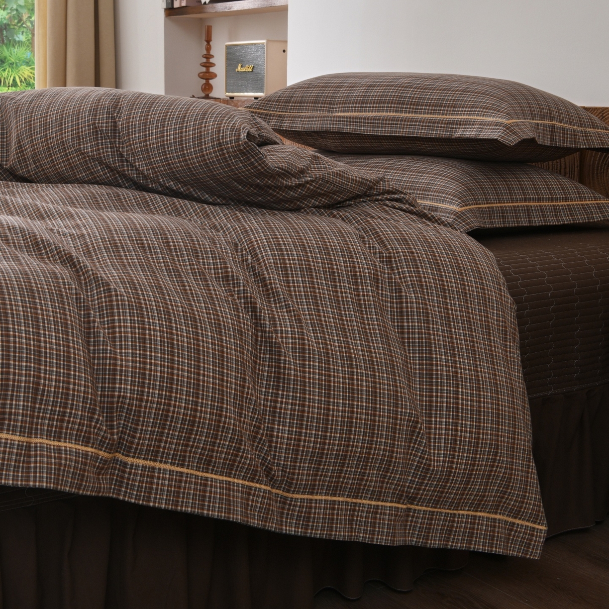 91家纺网 家纺一手货源 找家纺 金艾草 2026春夏新款全棉纯棉色织水洗棉床盖四件套 沉香-咖色