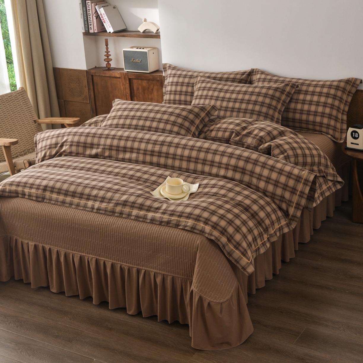 91家纺网 家纺一手货源 找家纺 金艾草 2026春夏新款全棉纯棉色织水洗棉床盖四件套 芳菲-咖