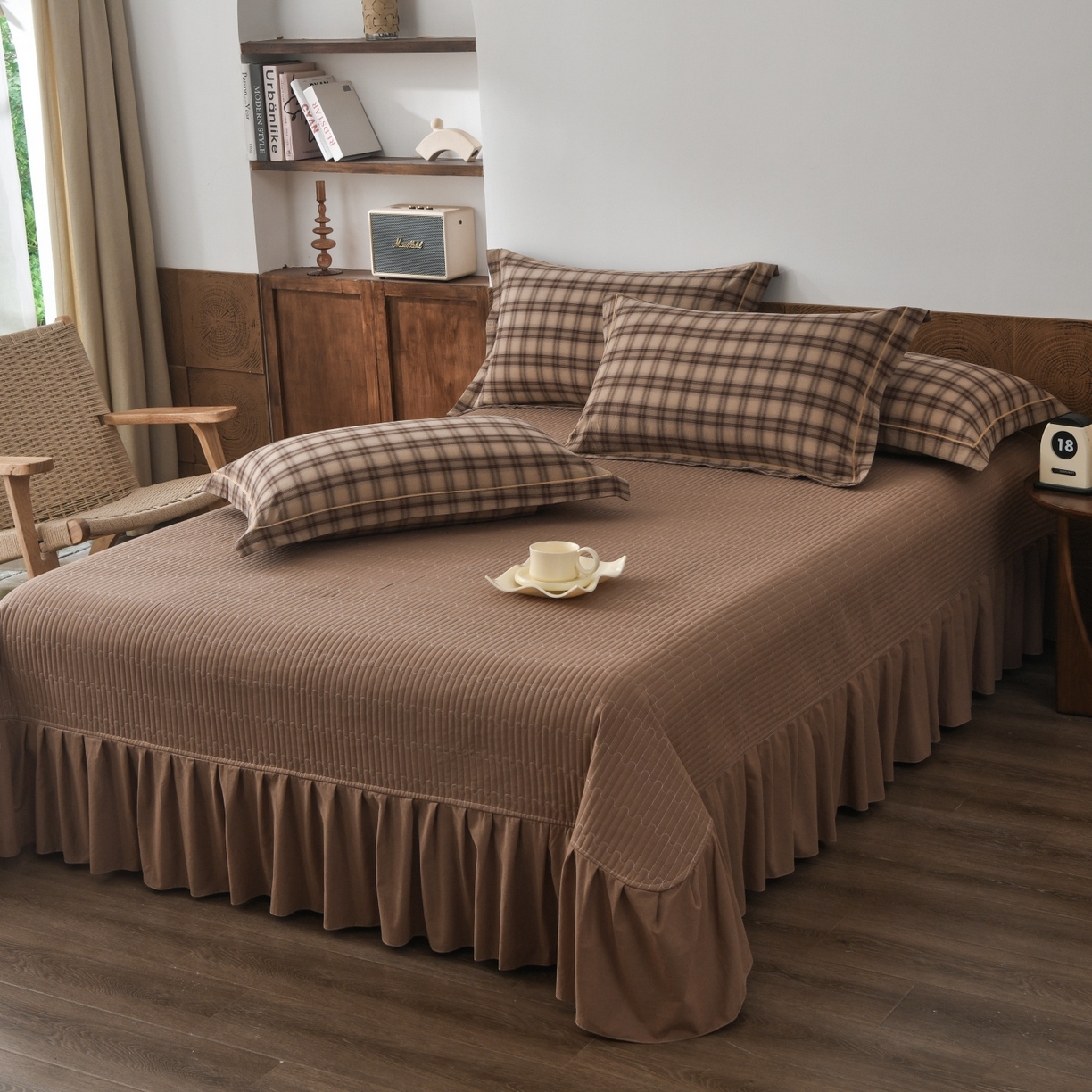 91家纺网 家纺一手货源 找家纺 金艾草 2026春夏新款全棉纯棉色织水洗棉床盖四件套 芳菲-咖