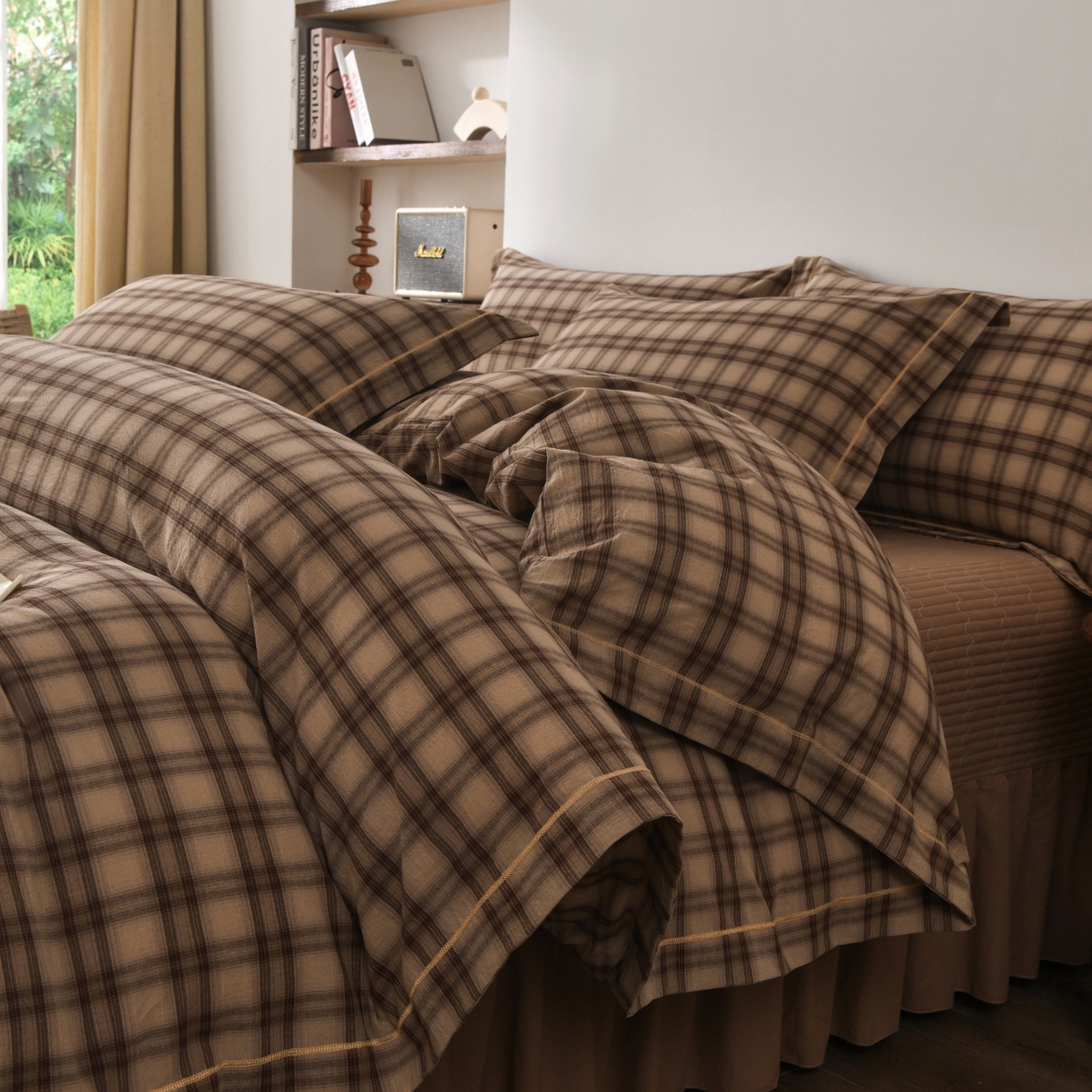 91家纺网 家纺一手货源 找家纺 金艾草 2026春夏新款全棉纯棉色织水洗棉床盖四件套 芳菲-咖