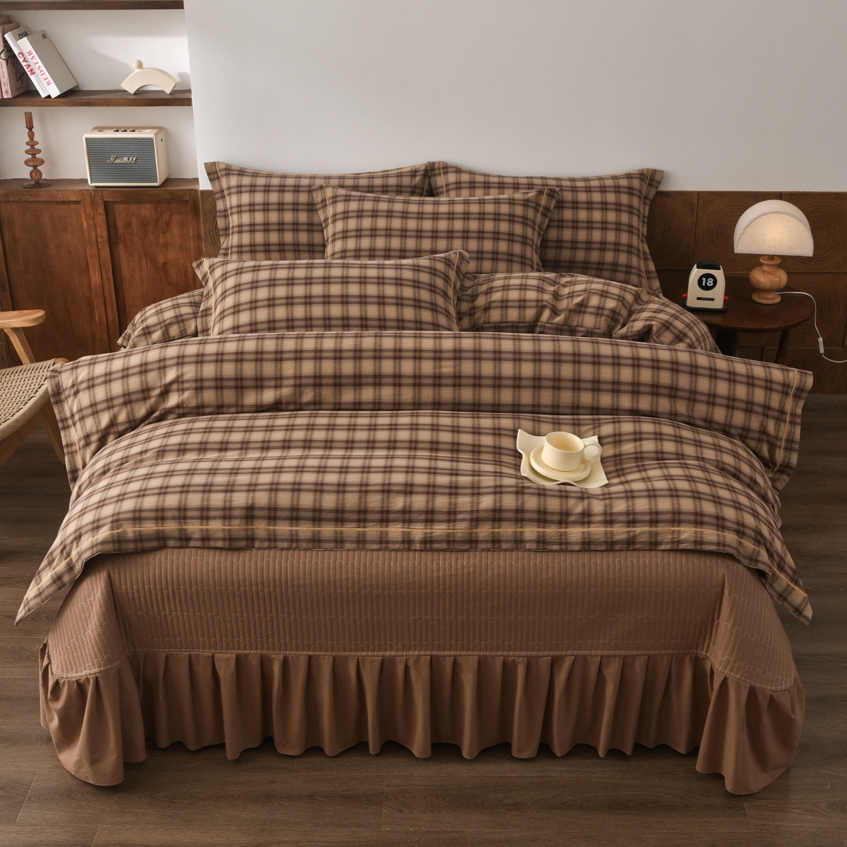 91家纺网 家纺一手货源 找家纺 金艾草 2026春夏新款全棉纯棉色织水洗棉床盖四件套 芳菲-咖