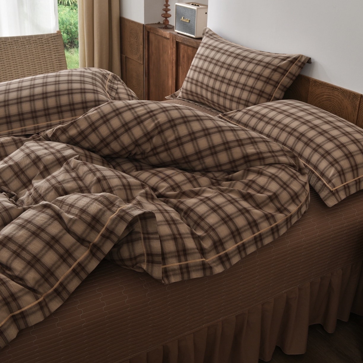 91家纺网 家纺一手货源 找家纺 金艾草 2026春夏新款全棉纯棉色织水洗棉床盖四件套 芳菲-咖