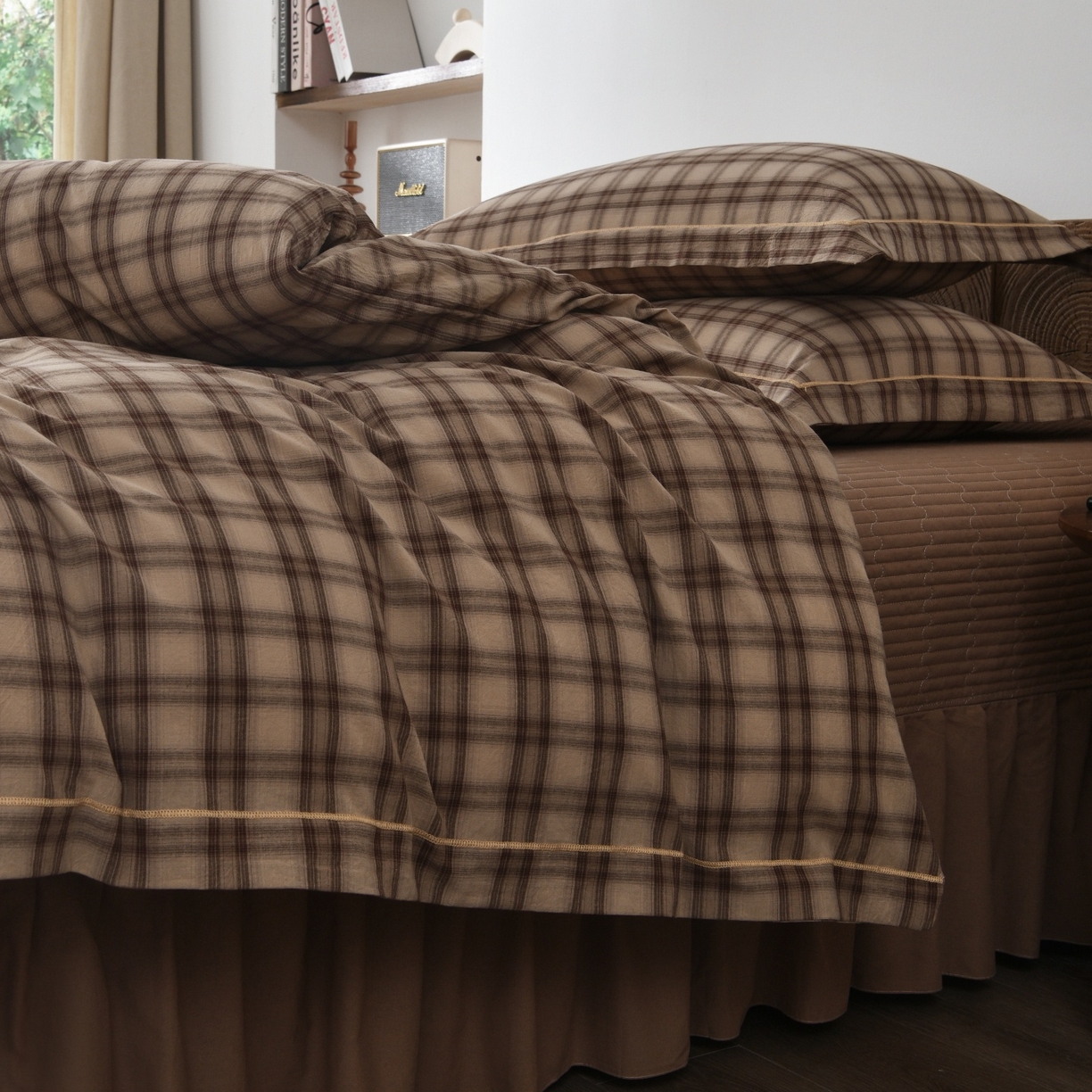 91家纺网 家纺一手货源 找家纺 金艾草 2026春夏新款全棉纯棉色织水洗棉床盖四件套 芳菲-咖