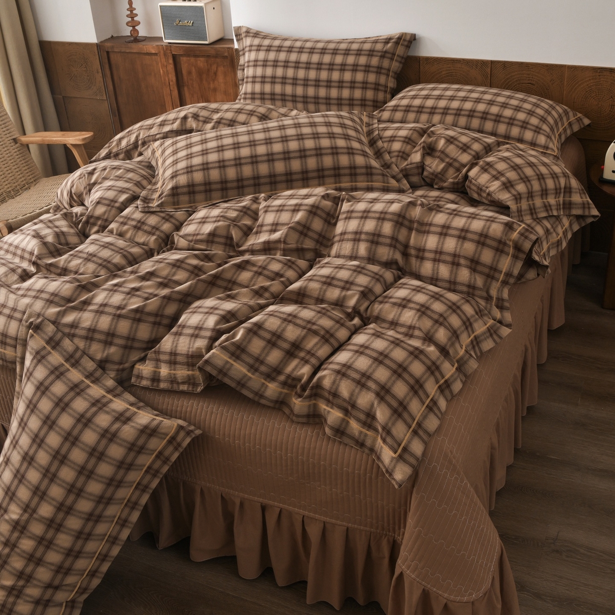 91家纺网 家纺一手货源 找家纺 金艾草 2026春夏新款全棉纯棉色织水洗棉床盖四件套 芳菲-咖