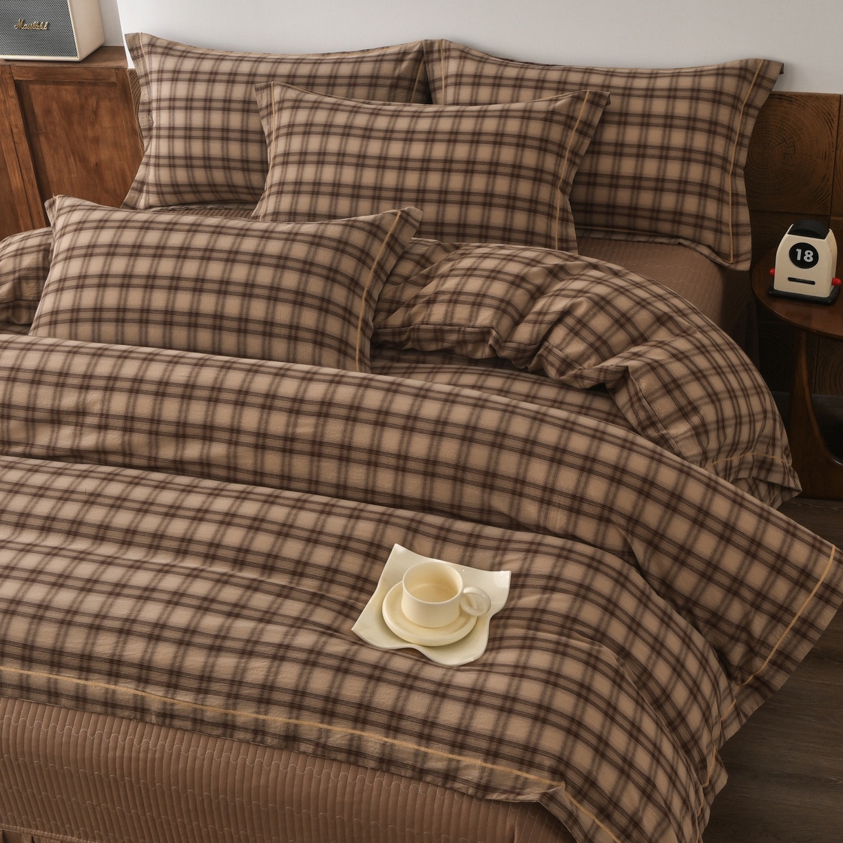 91家纺网 家纺一手货源 找家纺 金艾草 2026春夏新款全棉纯棉色织水洗棉床盖四件套 芳菲-咖