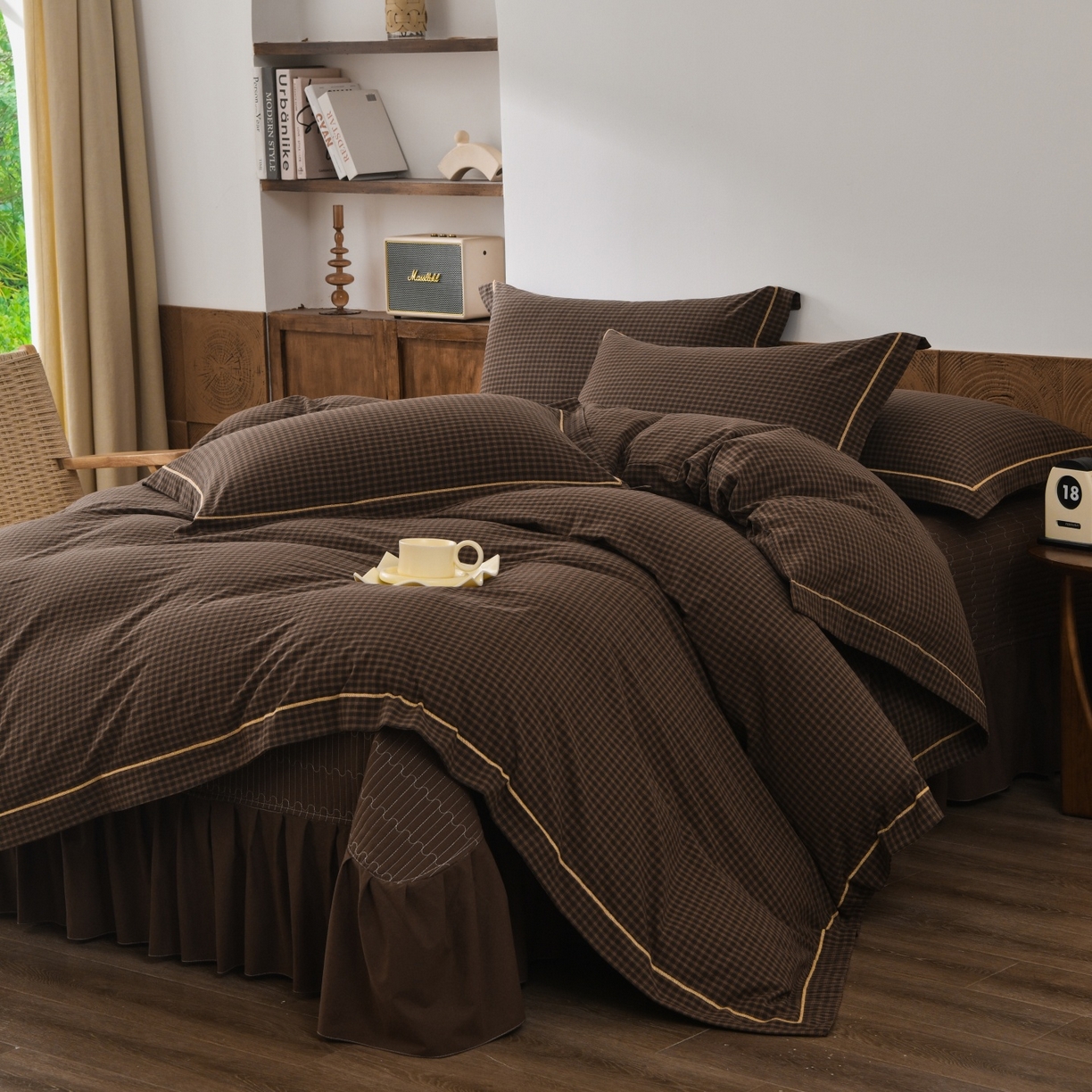 金艾草 2026春夏新款全棉纯棉色织水洗棉床盖四件套 关山月-咖