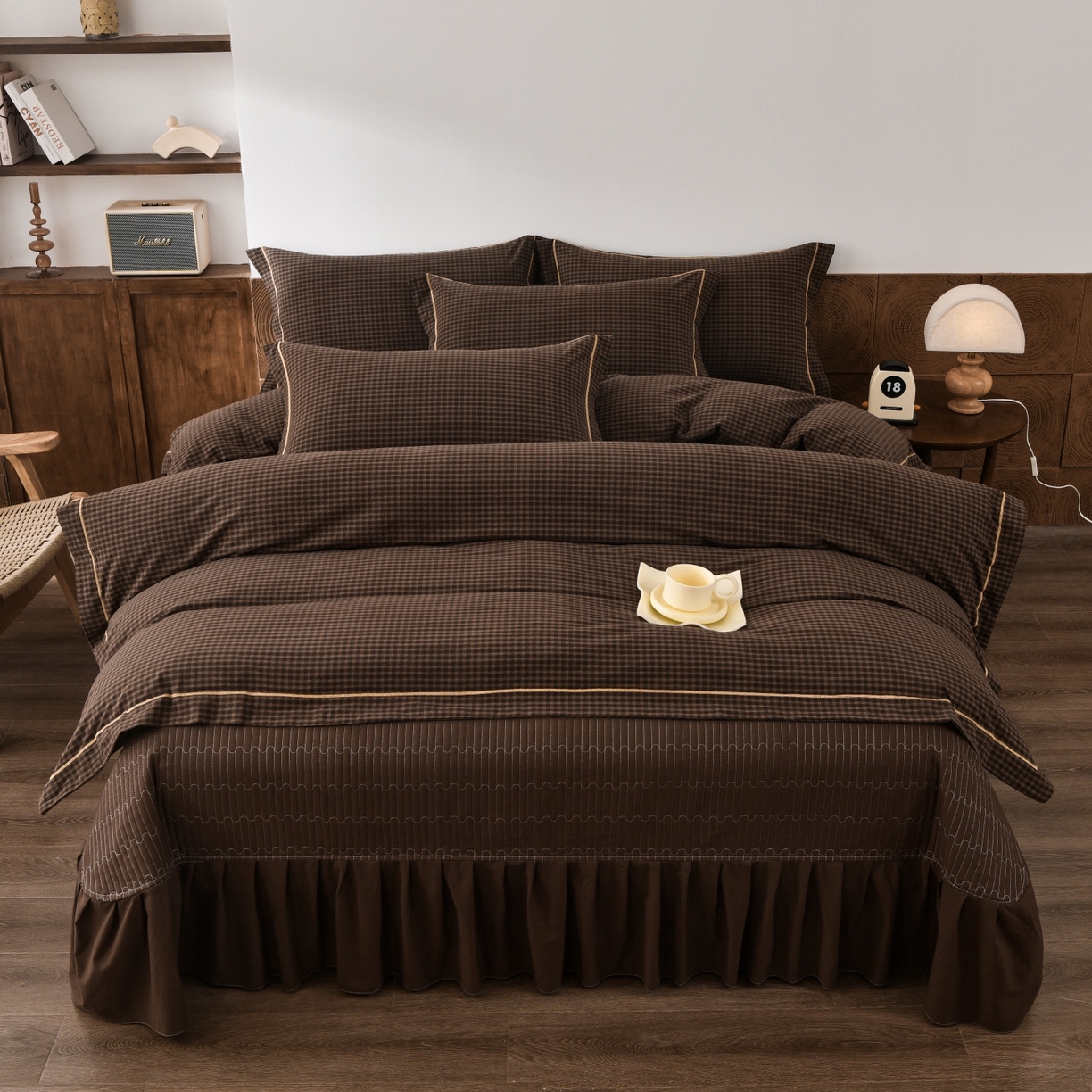 91家纺网 家纺一手货源 找家纺 金艾草 2026春夏新款全棉纯棉色织水洗棉床盖四件套 关山月-咖