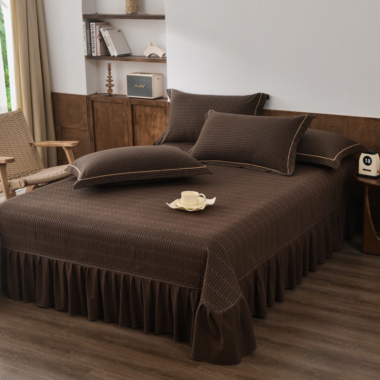 91家纺网 家纺一手货源 找家纺 金艾草 2026春夏新款全棉纯棉色织水洗棉床盖四件套 关山月-咖