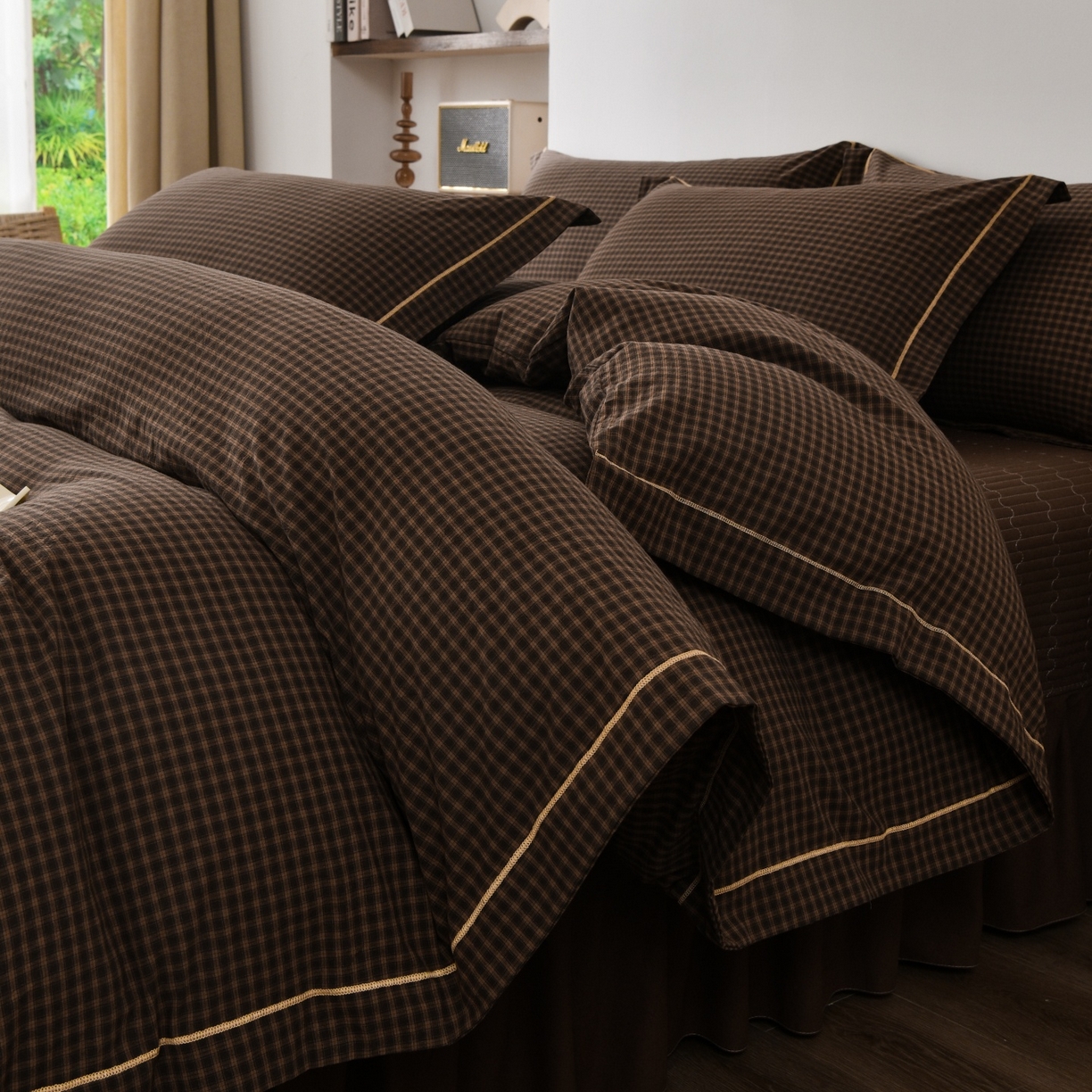 91家纺网 家纺一手货源 找家纺 金艾草 2026春夏新款全棉纯棉色织水洗棉床盖四件套 关山月-咖