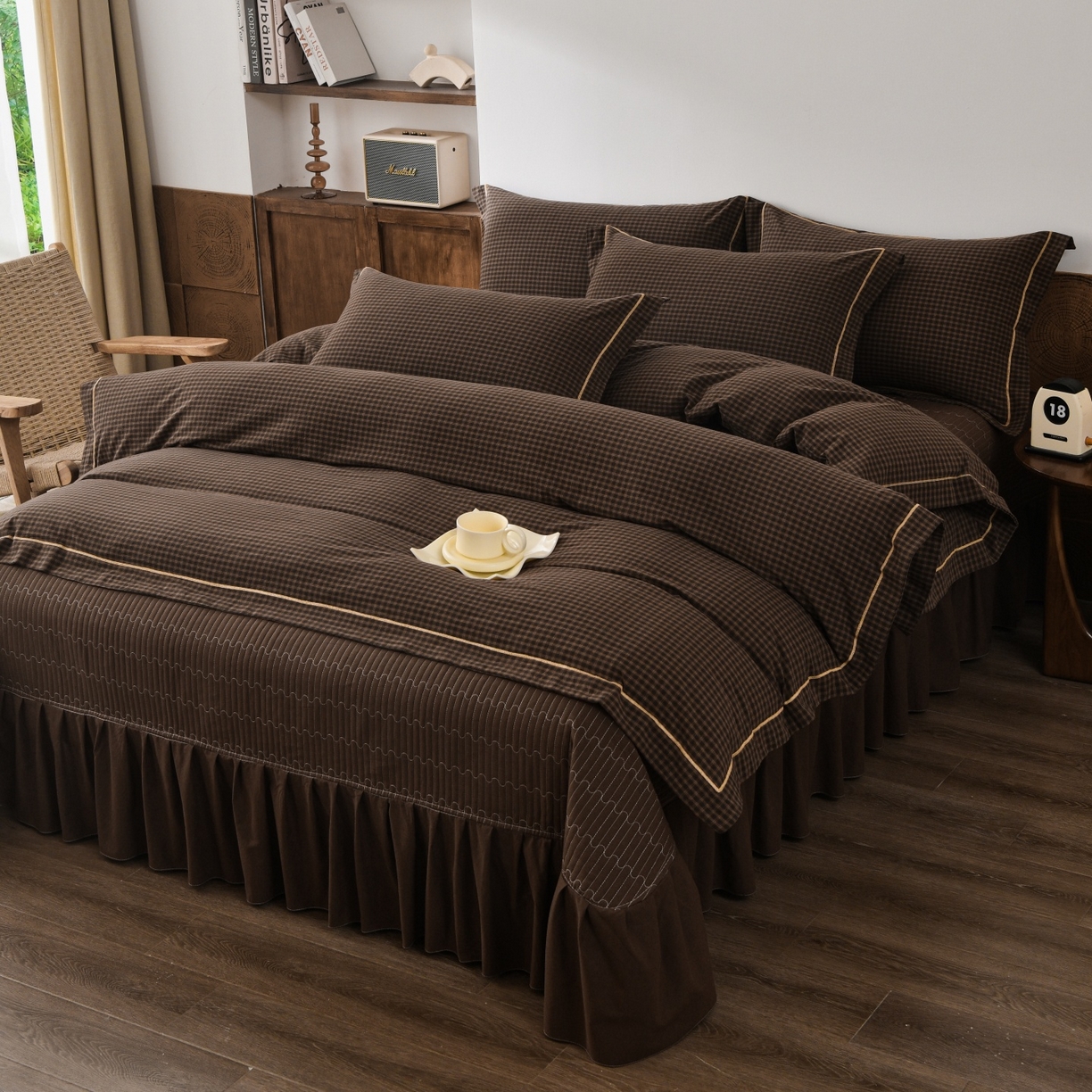 91家纺网 家纺一手货源 找家纺 金艾草 2026春夏新款全棉纯棉色织水洗棉床盖四件套 关山月-咖