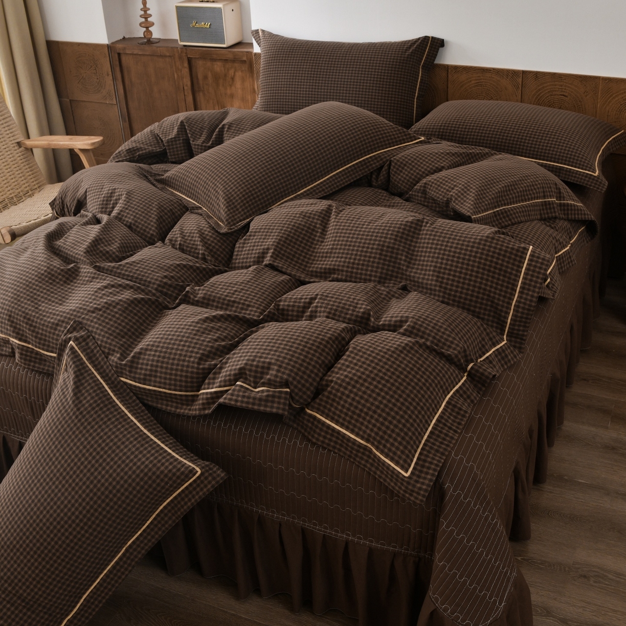 91家纺网 家纺一手货源 找家纺 金艾草 2026春夏新款全棉纯棉色织水洗棉床盖四件套 关山月-咖