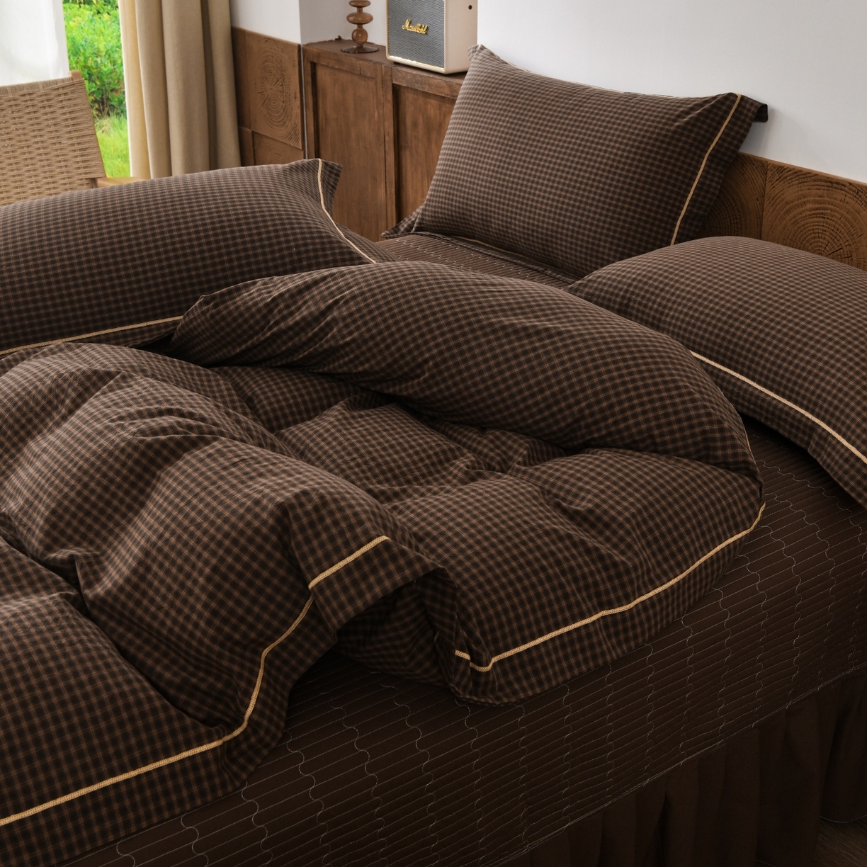 91家纺网 家纺一手货源 找家纺 金艾草 2026春夏新款全棉纯棉色织水洗棉床盖四件套 关山月-咖