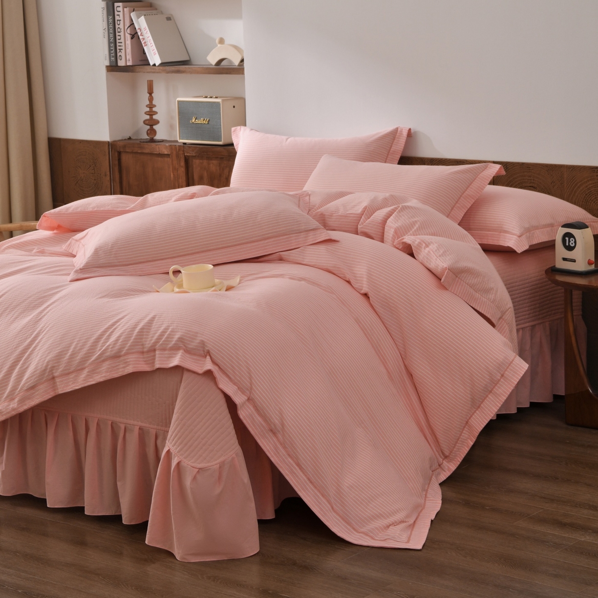 金艾草 2026春夏新款全棉纯棉色织水洗棉床盖四件套 条纹-粉色