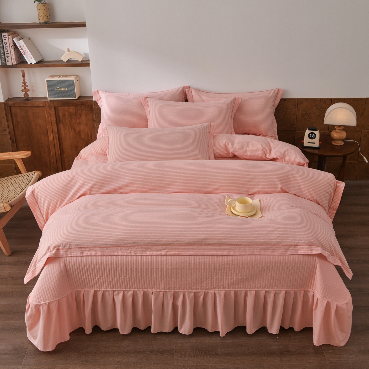 91家纺网 家纺一手货源 找家纺 金艾草 2026春夏新款全棉纯棉色织水洗棉床盖四件套 条纹-粉色