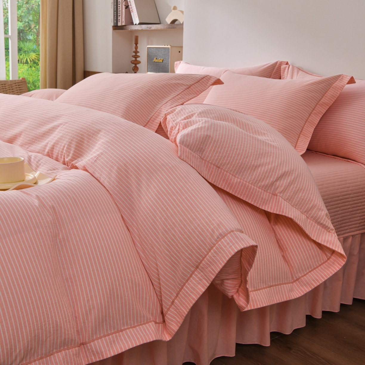 91家纺网 家纺一手货源 找家纺 金艾草 2026春夏新款全棉纯棉色织水洗棉床盖四件套 条纹-粉色