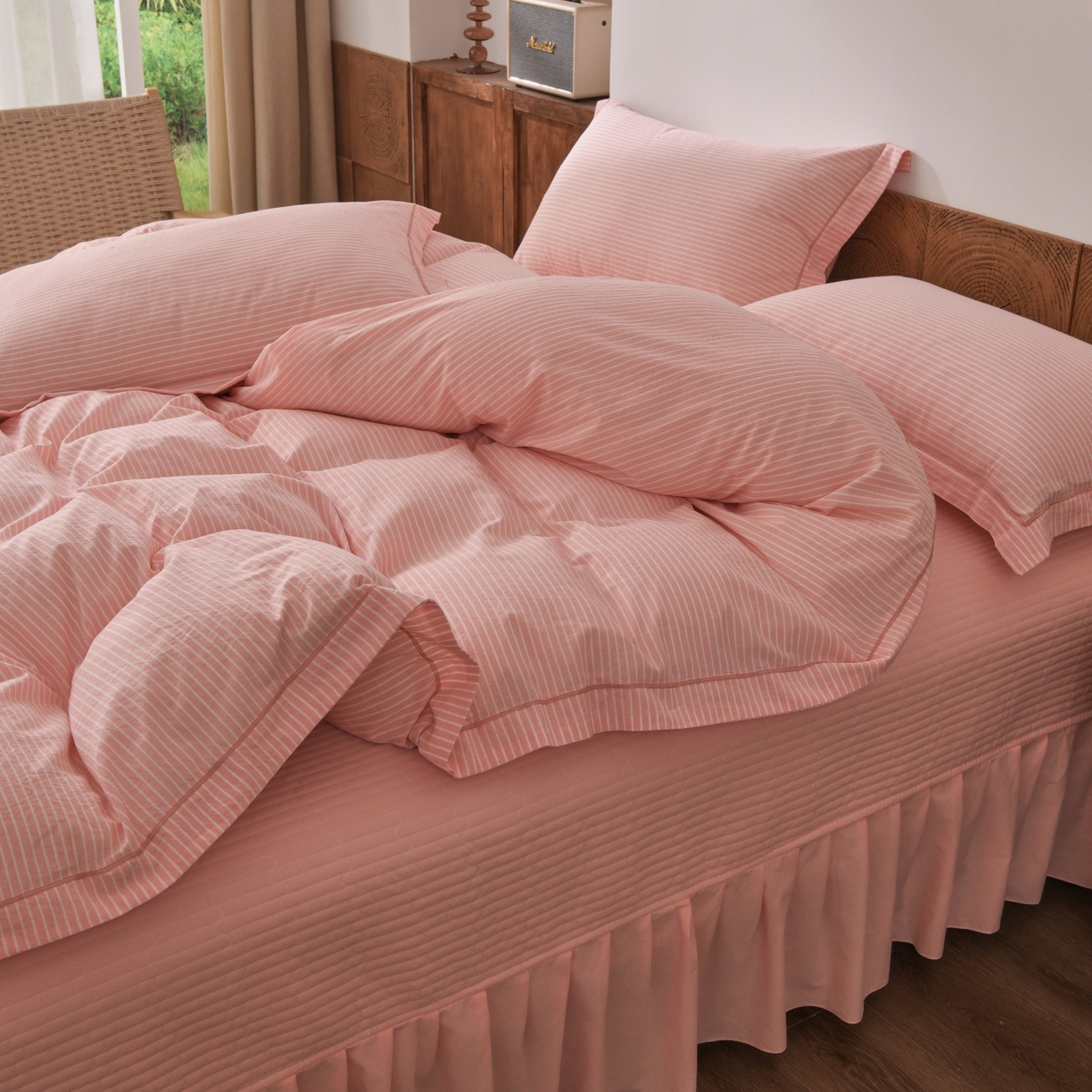 91家纺网 家纺一手货源 找家纺 金艾草 2026春夏新款全棉纯棉色织水洗棉床盖四件套 条纹-粉色