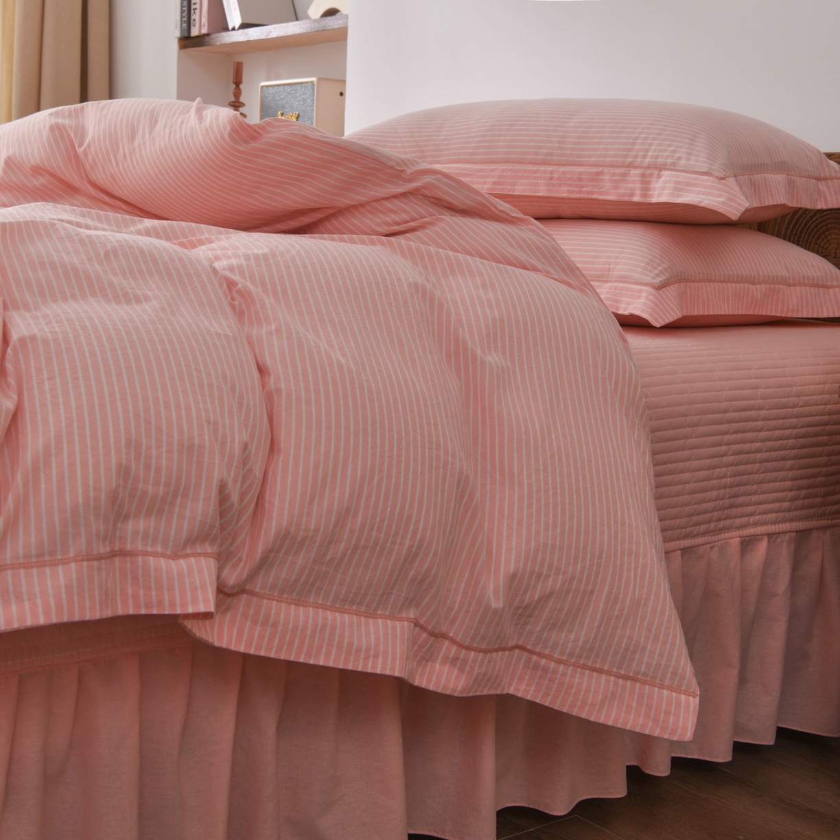 91家纺网 家纺一手货源 找家纺 金艾草 2026春夏新款全棉纯棉色织水洗棉床盖四件套 条纹-粉色