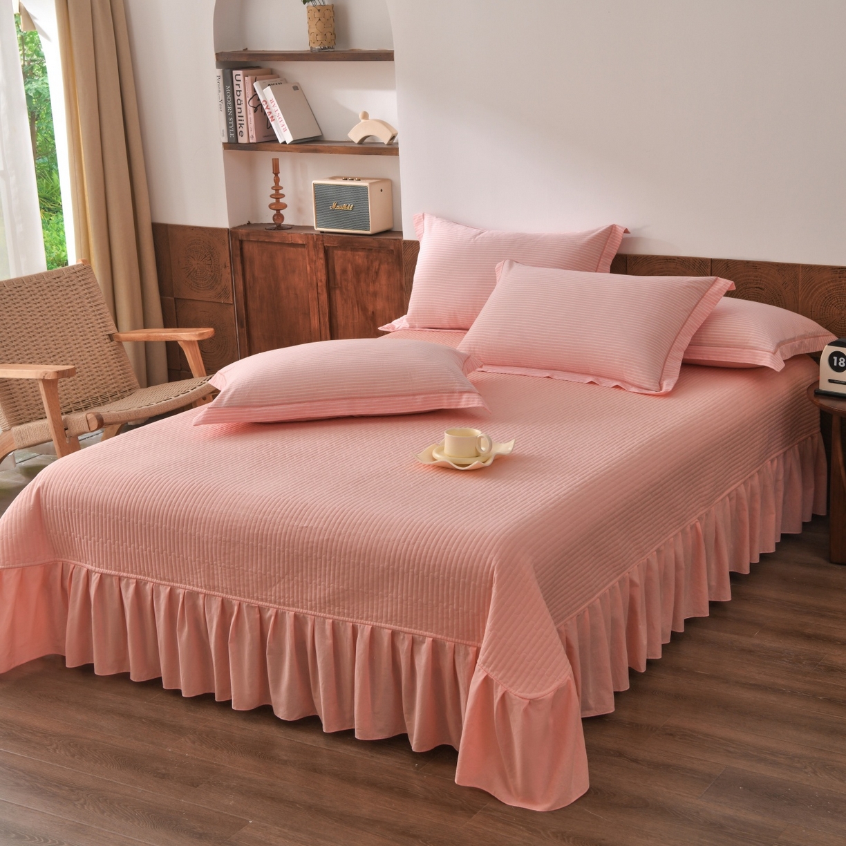 91家纺网 家纺一手货源 找家纺 金艾草 2026春夏新款全棉纯棉色织水洗棉床盖四件套 条纹-粉色