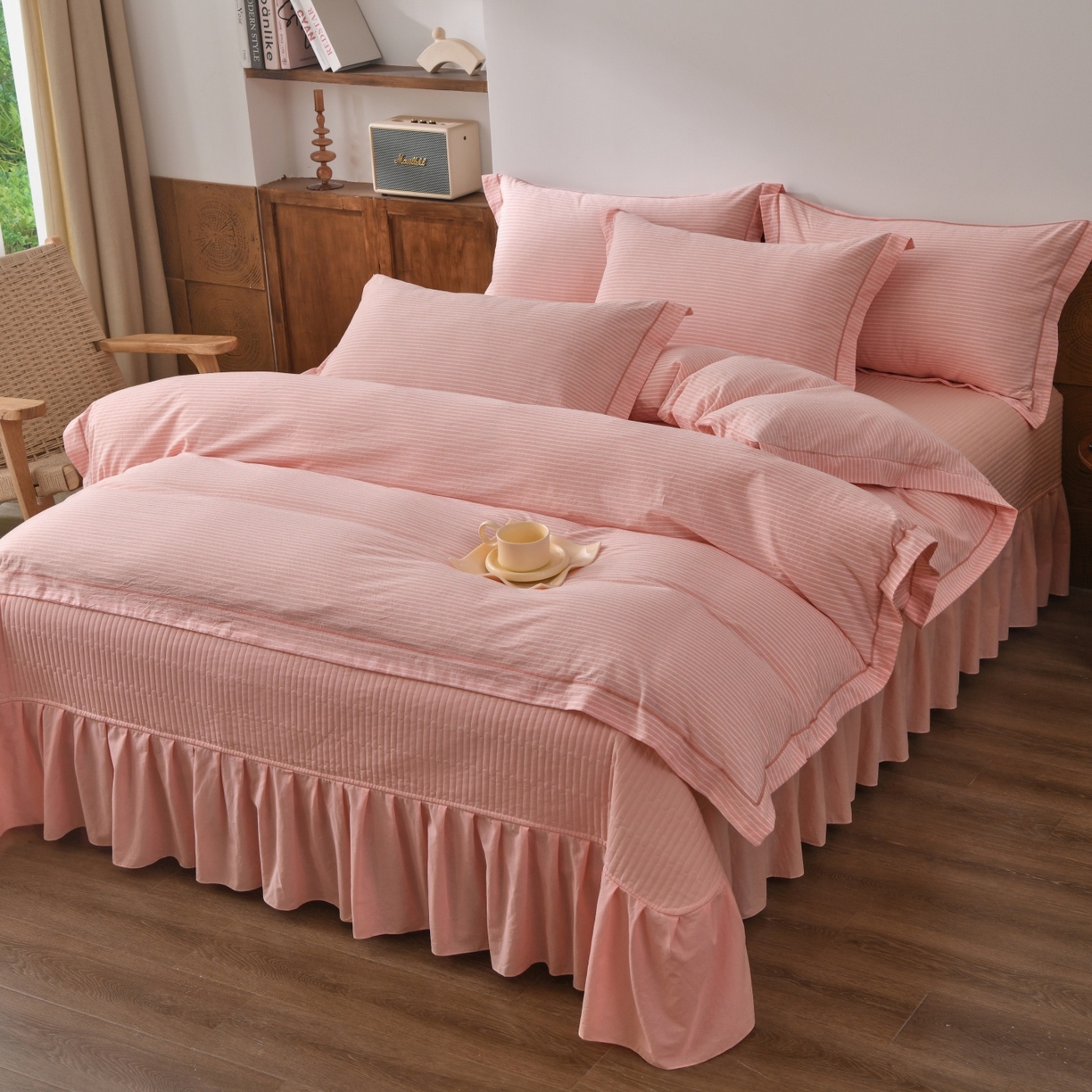 91家纺网 家纺一手货源 找家纺 金艾草 2026春夏新款全棉纯棉色织水洗棉床盖四件套 条纹-粉色