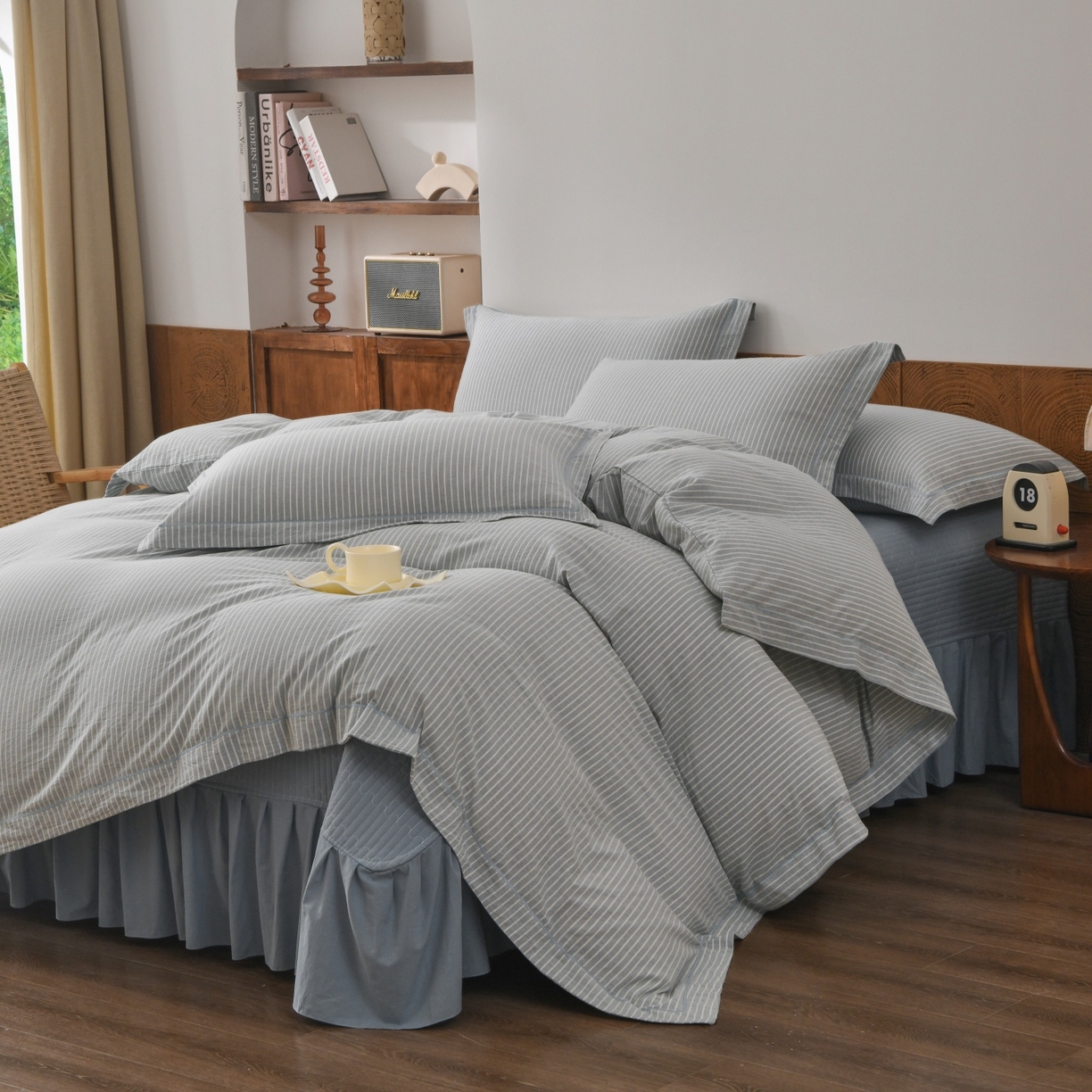 金艾草 2026春夏新款全棉纯棉色织水洗棉床盖四件套 条纹-蓝色