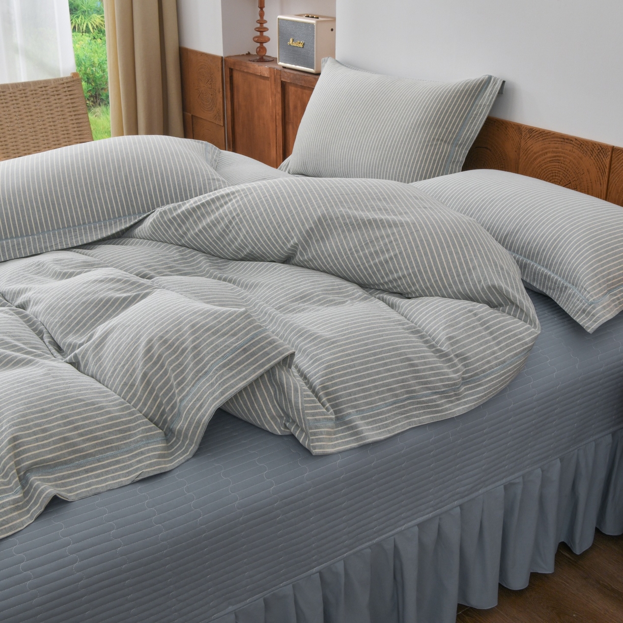 91家纺网 家纺一手货源 找家纺 金艾草 2026春夏新款全棉纯棉色织水洗棉床盖四件套 条纹-蓝色