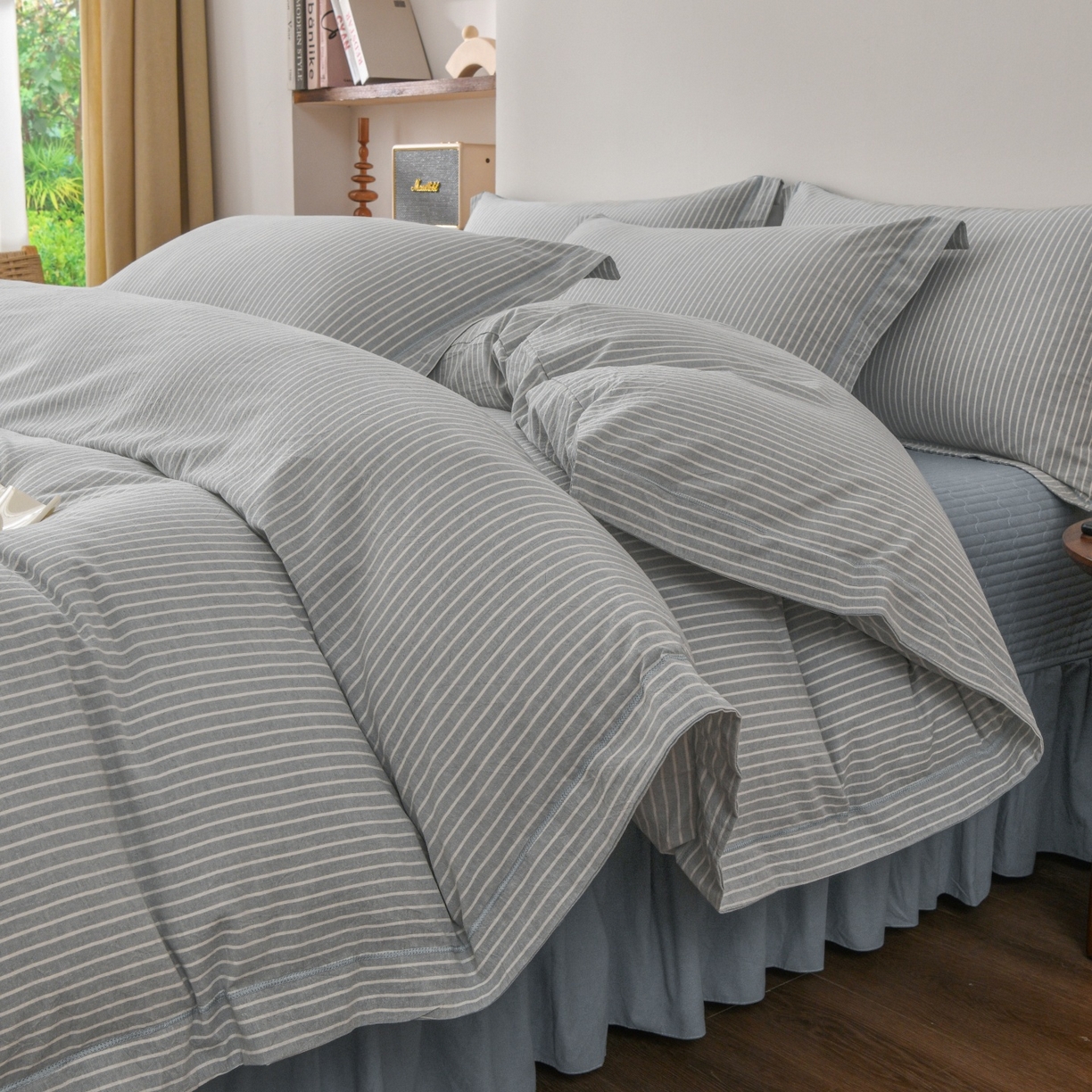 91家纺网 家纺一手货源 找家纺 金艾草 2026春夏新款全棉纯棉色织水洗棉床盖四件套 条纹-蓝色