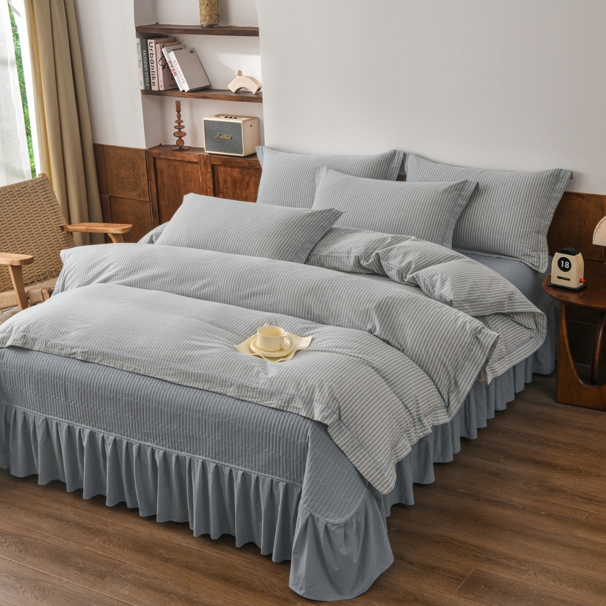 91家纺网 家纺一手货源 找家纺 金艾草 2026春夏新款全棉纯棉色织水洗棉床盖四件套 条纹-蓝色