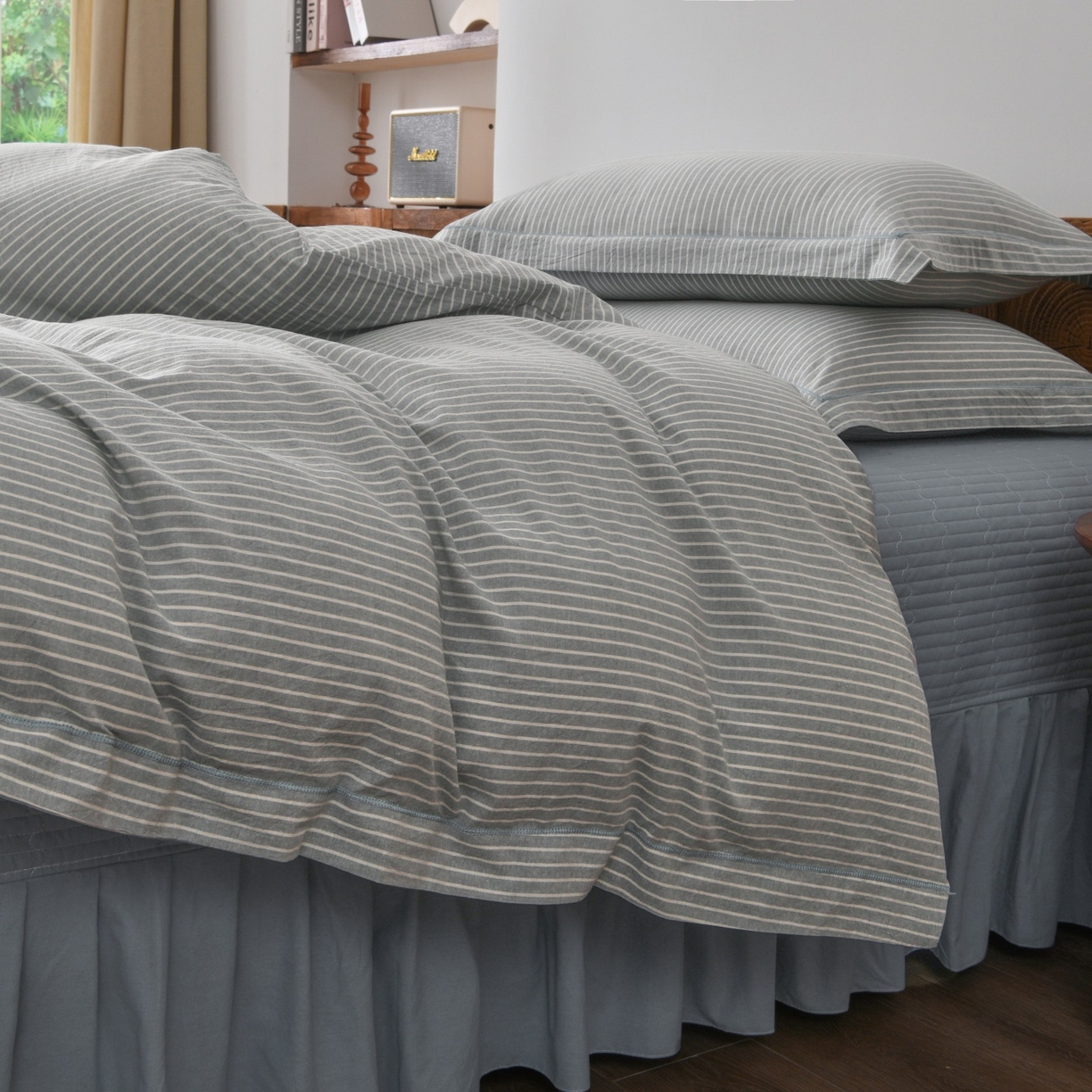 91家纺网 家纺一手货源 找家纺 金艾草 2026春夏新款全棉纯棉色织水洗棉床盖四件套 条纹-蓝色