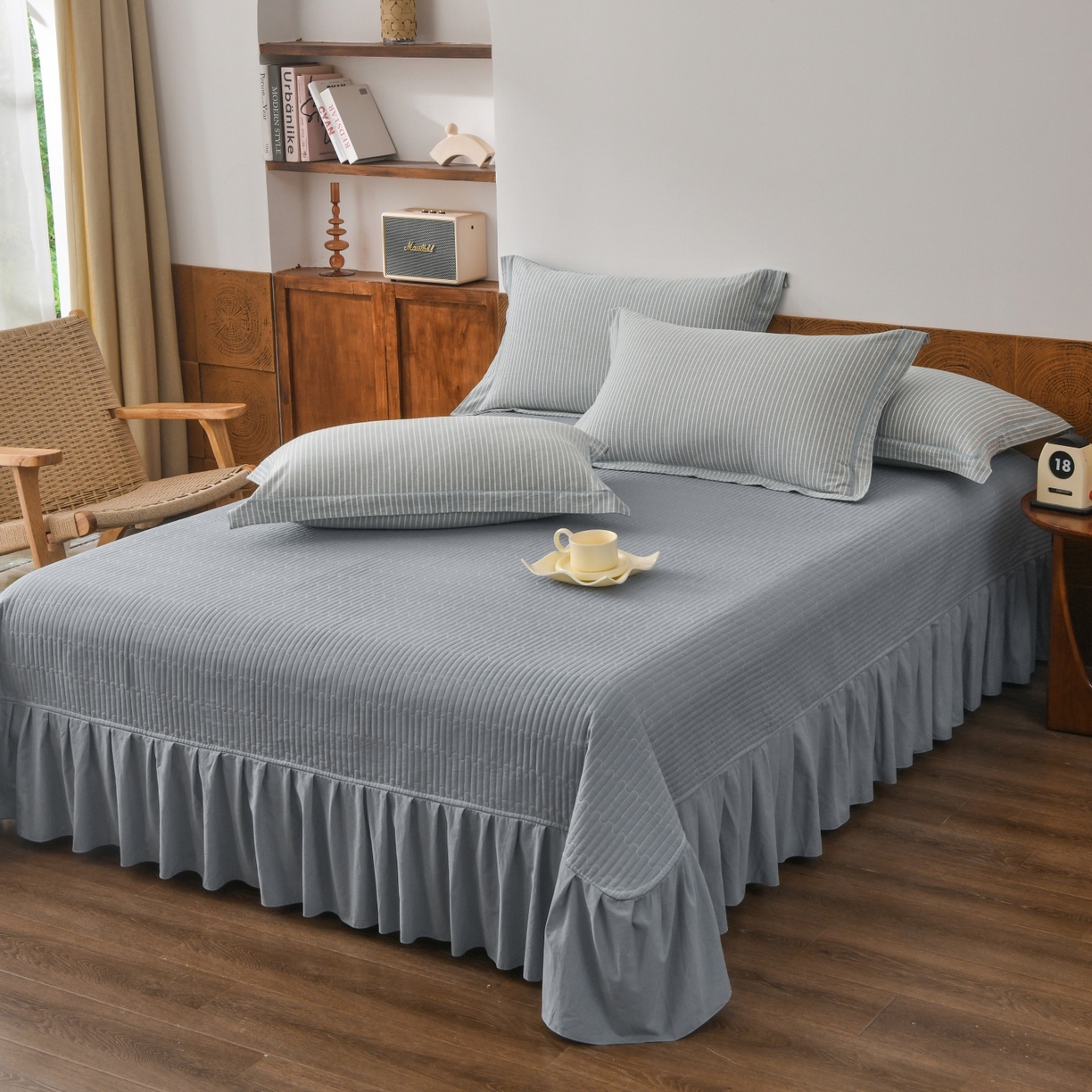 91家纺网 家纺一手货源 找家纺 金艾草 2026春夏新款全棉纯棉色织水洗棉床盖四件套 条纹-蓝色