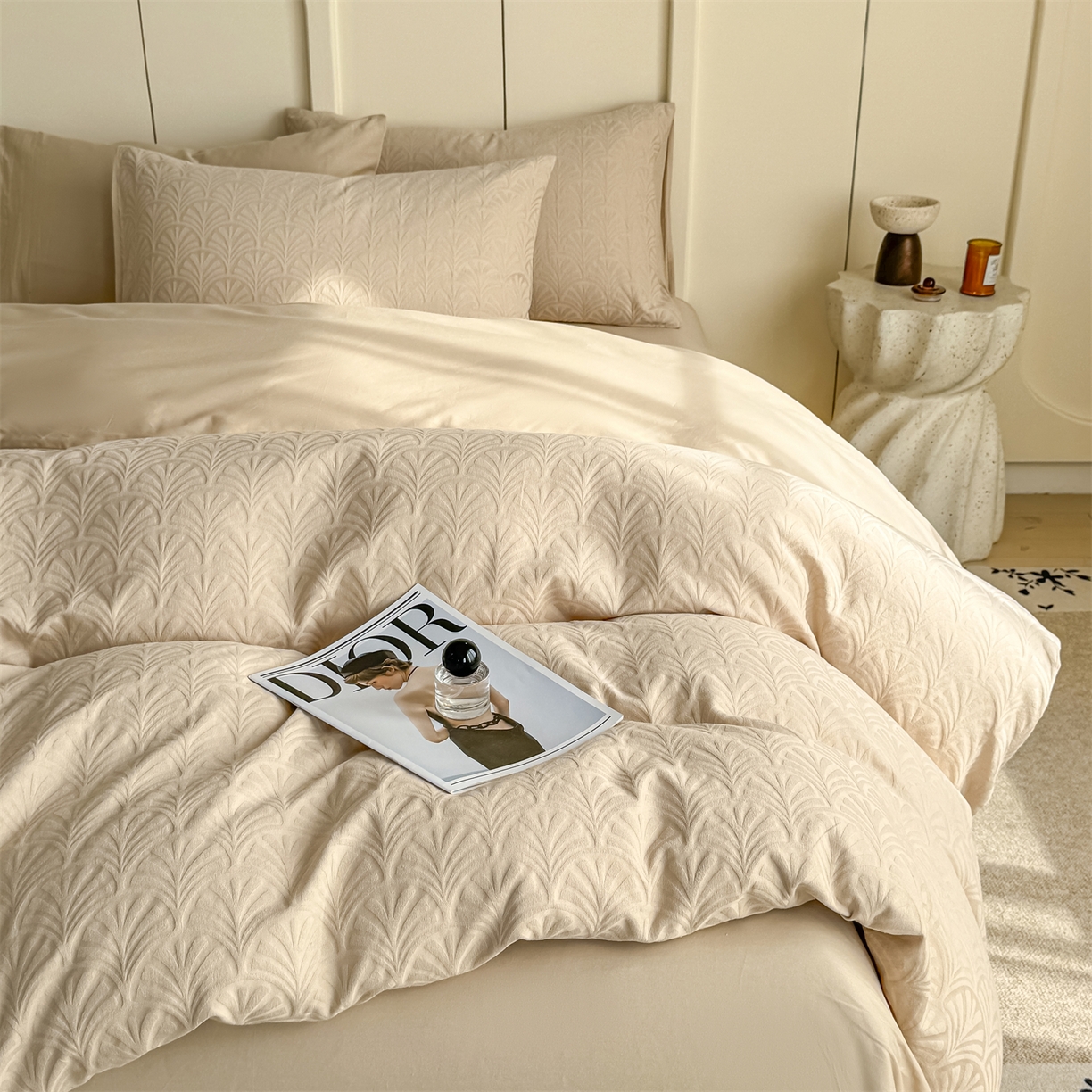 91家纺网 家纺一手货源 找家纺 灰鲸 2026新款全棉纯棉厚织贡缎大提花四件套 云锦-可可杏