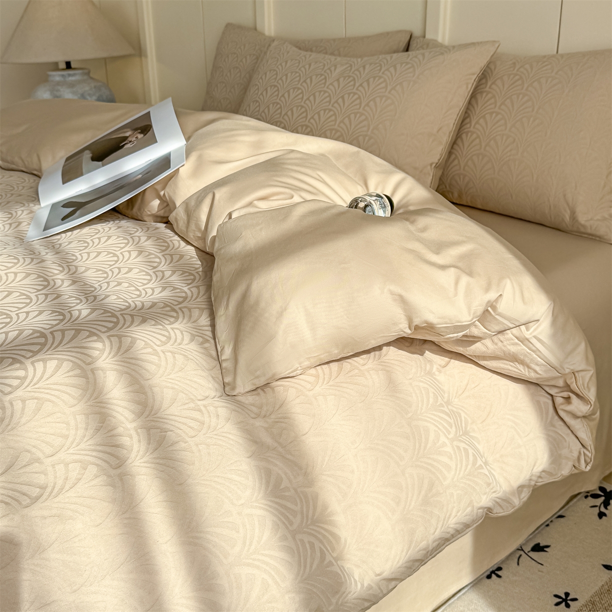 91家纺网 家纺一手货源 找家纺 灰鲸 2026新款全棉纯棉厚织贡缎大提花四件套 云锦-可可杏