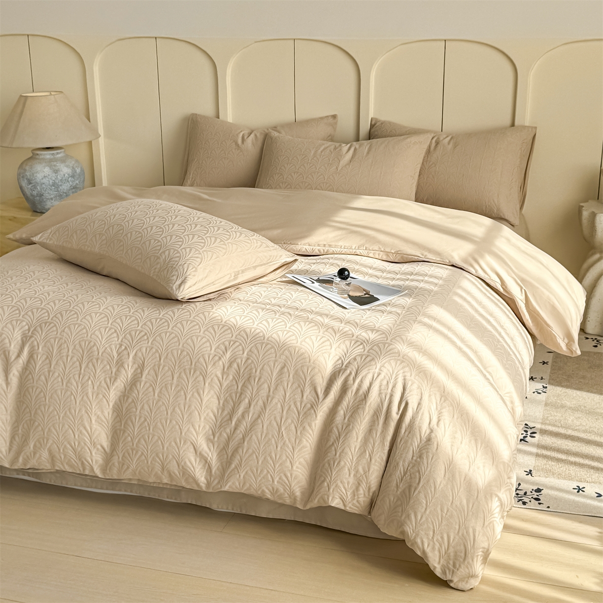 91家纺网 家纺一手货源 找家纺 灰鲸 2026新款全棉纯棉厚织贡缎大提花四件套 云锦-可可杏