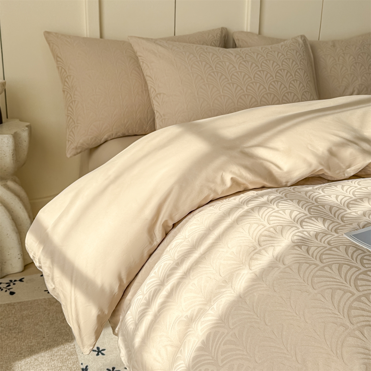 91家纺网 家纺一手货源 找家纺 灰鲸 2026新款全棉纯棉厚织贡缎大提花四件套 云锦-可可杏