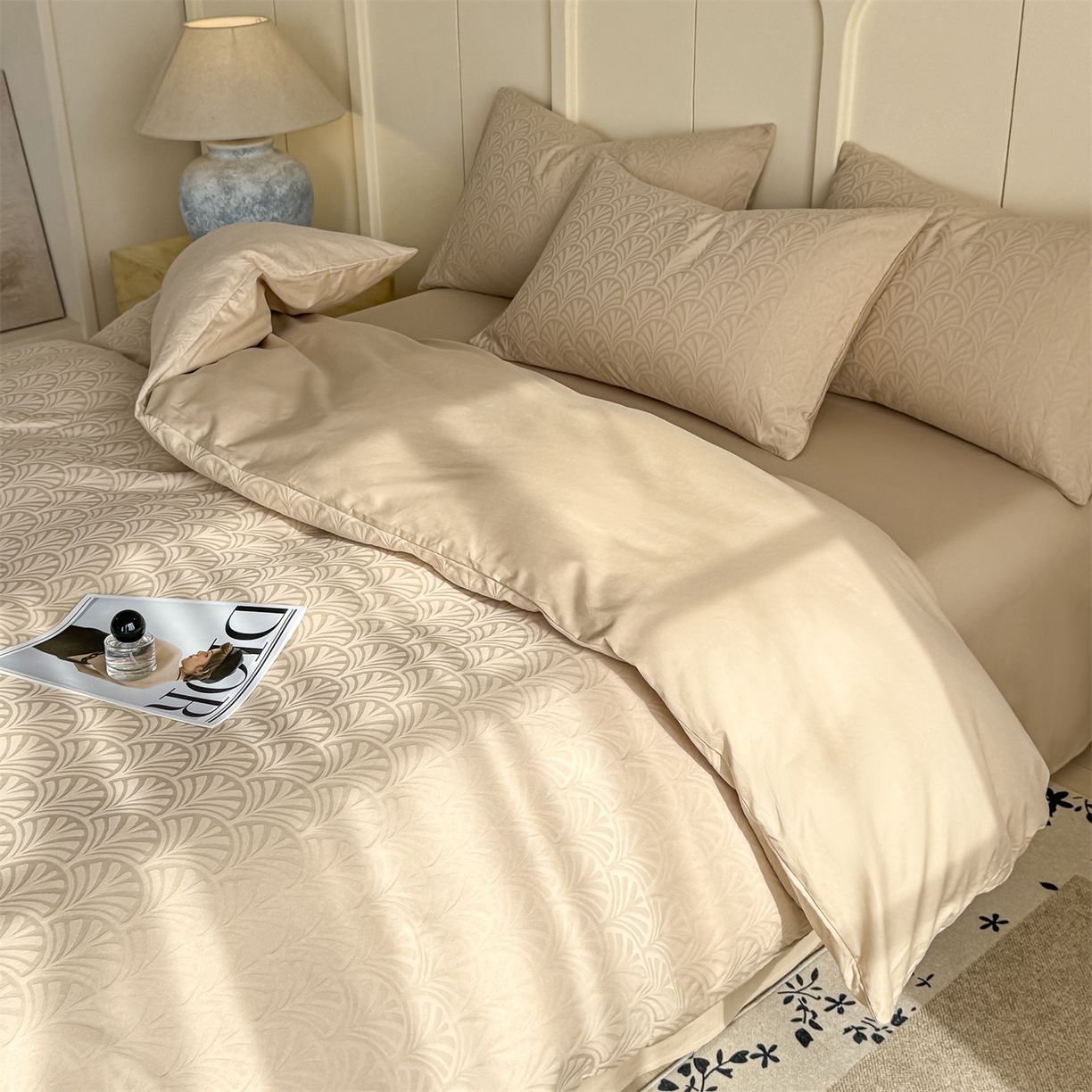 91家纺网 家纺一手货源 找家纺 灰鲸 2026新款全棉纯棉厚织贡缎大提花四件套 云锦-可可杏