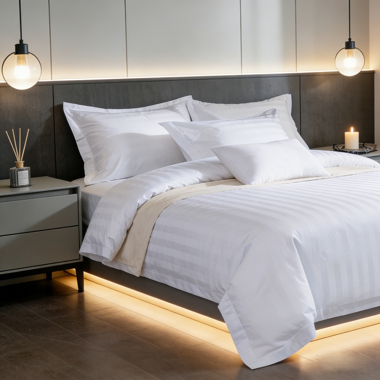 91家纺网 家纺一手货源 找家纺 （总）宜眠家纺 2026高端新款连锁酒店四件套60支全棉纯棉缎条五星级酒店宾馆四件套