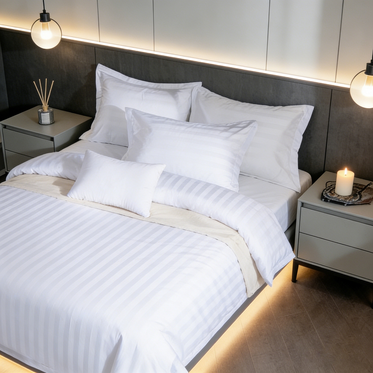 91家纺网 家纺一手货源 找家纺 （总）宜眠家纺 2026高端新款连锁酒店四件套60支全棉纯棉缎条五星级酒店宾馆四件套